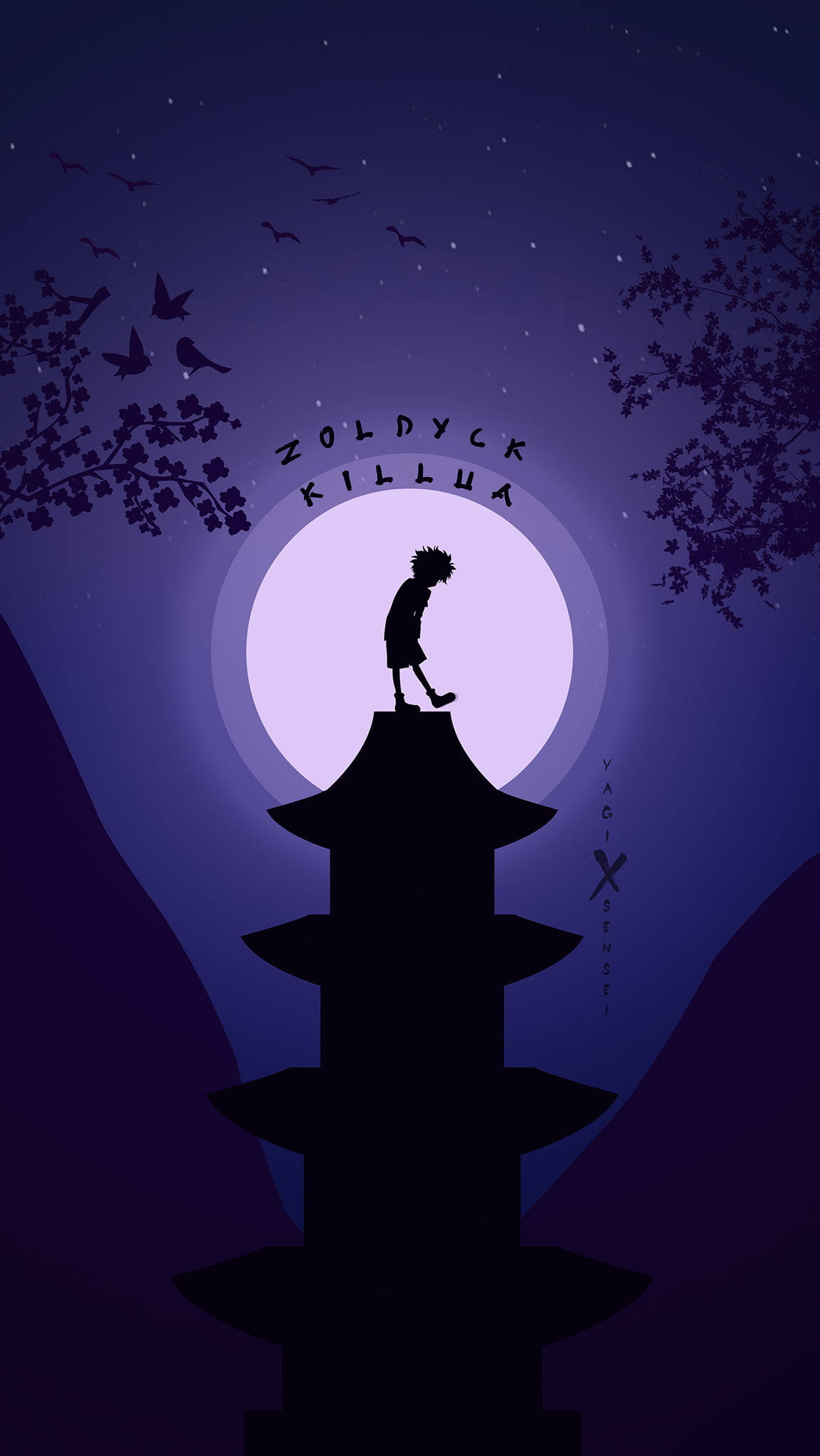 Killua Zoldyck, pagoda, full moon, Full HD Phone Wallpaper