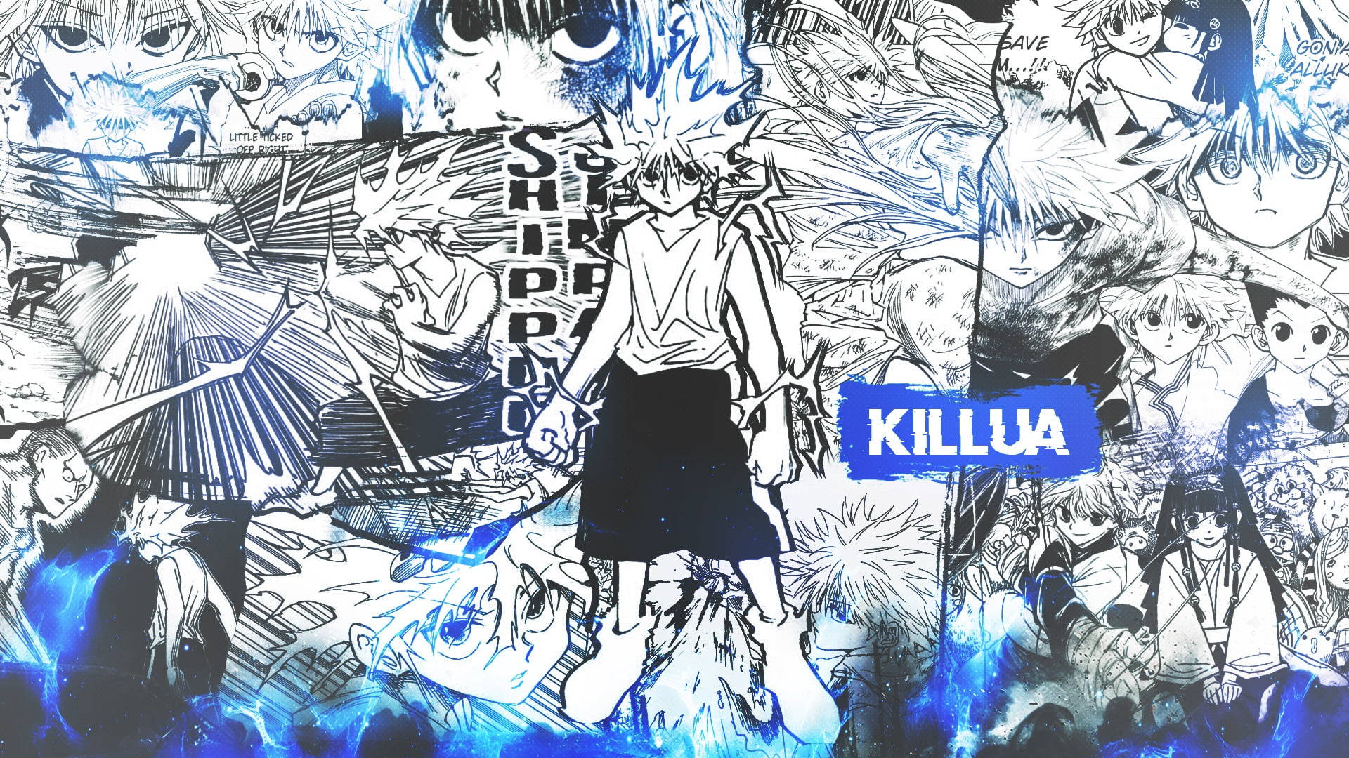 Killua Zoldyck, manga collage, blue energy bursts, Full HD Desktop Wallpaper