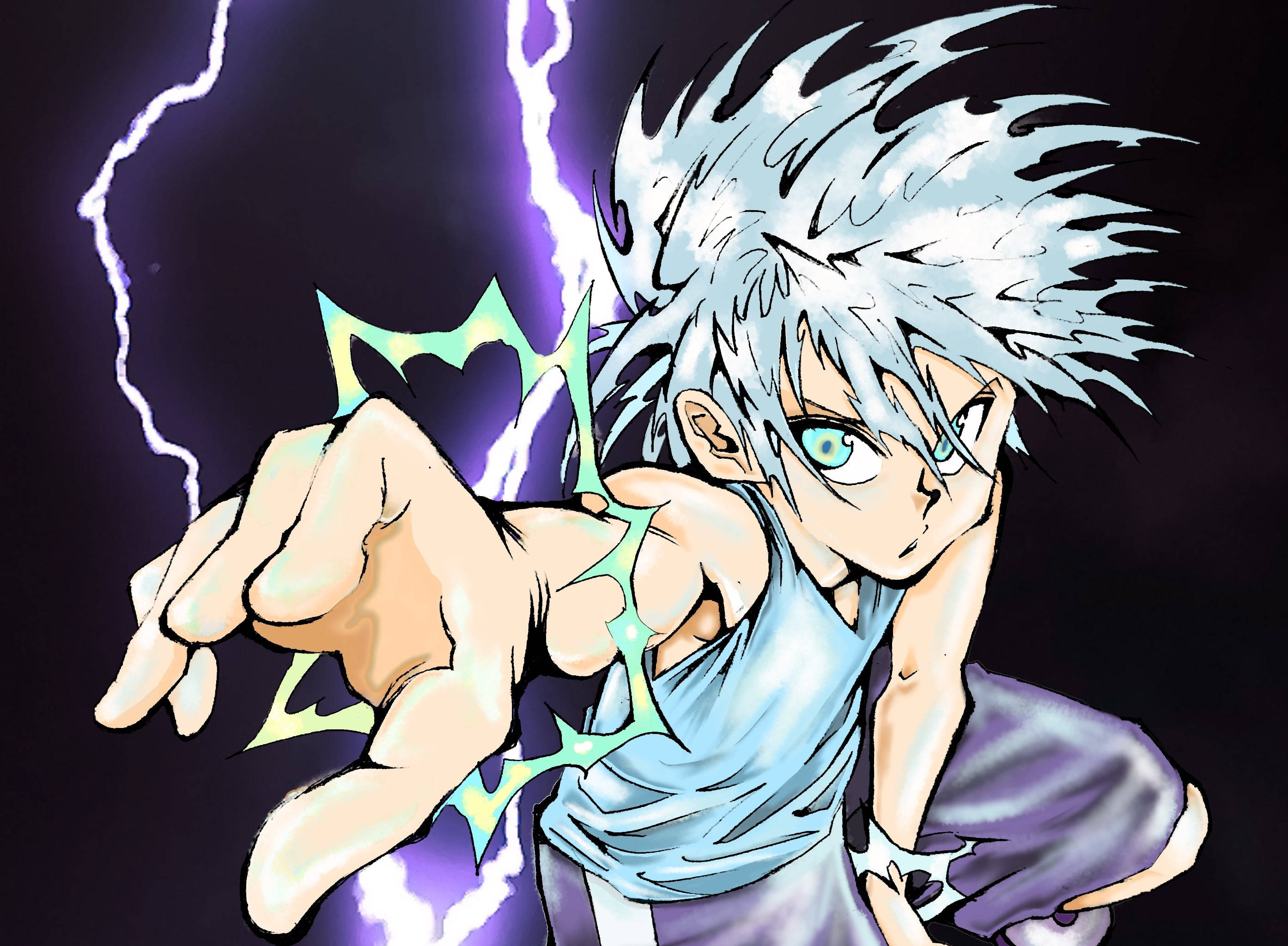Killua Zoldyck, spiky silver hair, glowing green energy, 2K Desktop Wallpaper