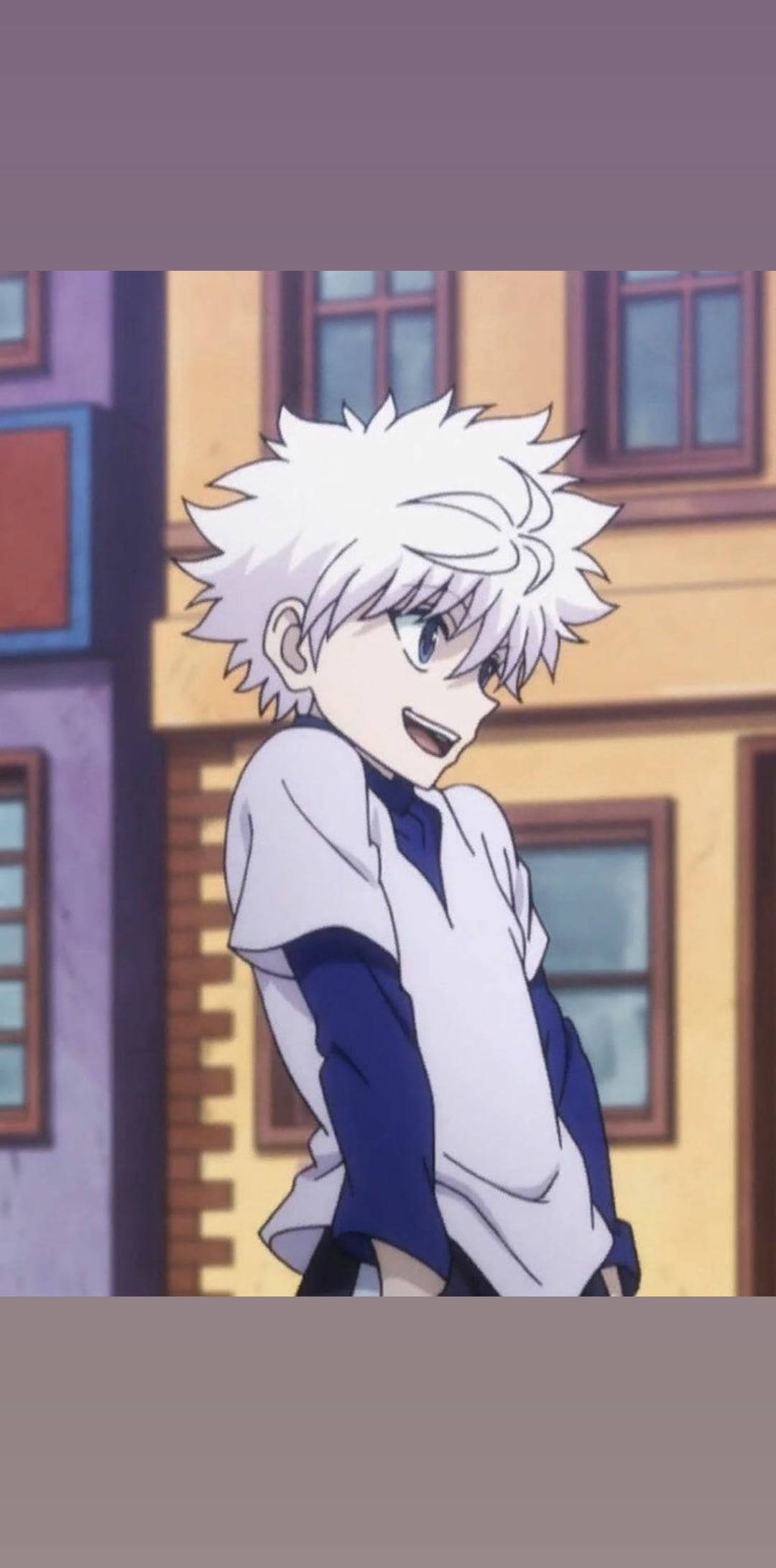 Killua, spiky white hair, colorful buildings, Full HD Phone Wallpaper