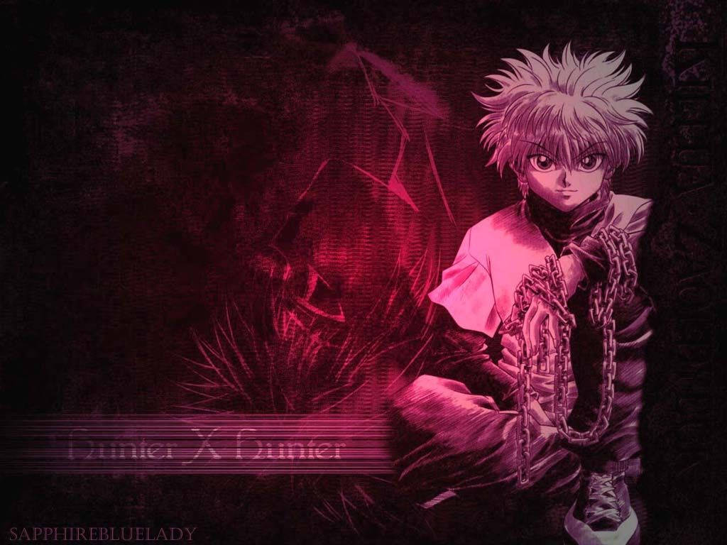 Killua, spiky-haired anime character, dark red-lit scene, SD Desktop Wallpaper