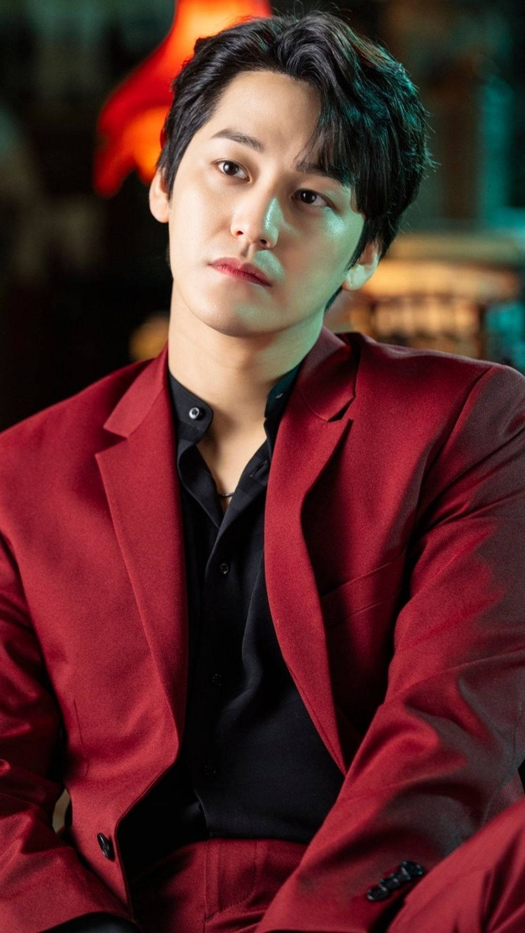 Kim Bum, red suit, dimly lit, Full HD Phone Wallpaper