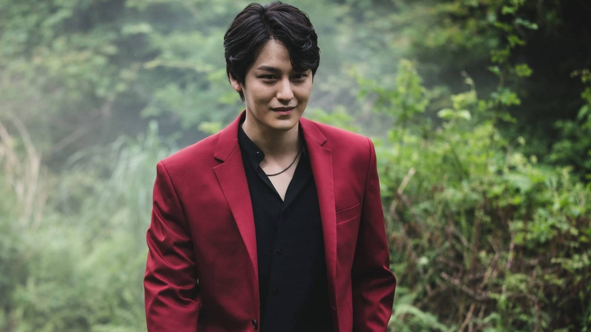 Kim Bum, red blazer, lush green forest, Full HD Desktop Wallpaper