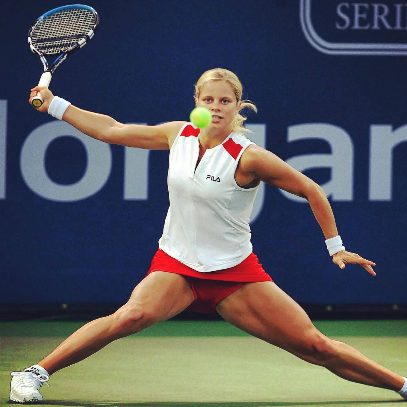 Kim Clijsters, white and red gear, bright green ball, HD Desktop Wallpaper