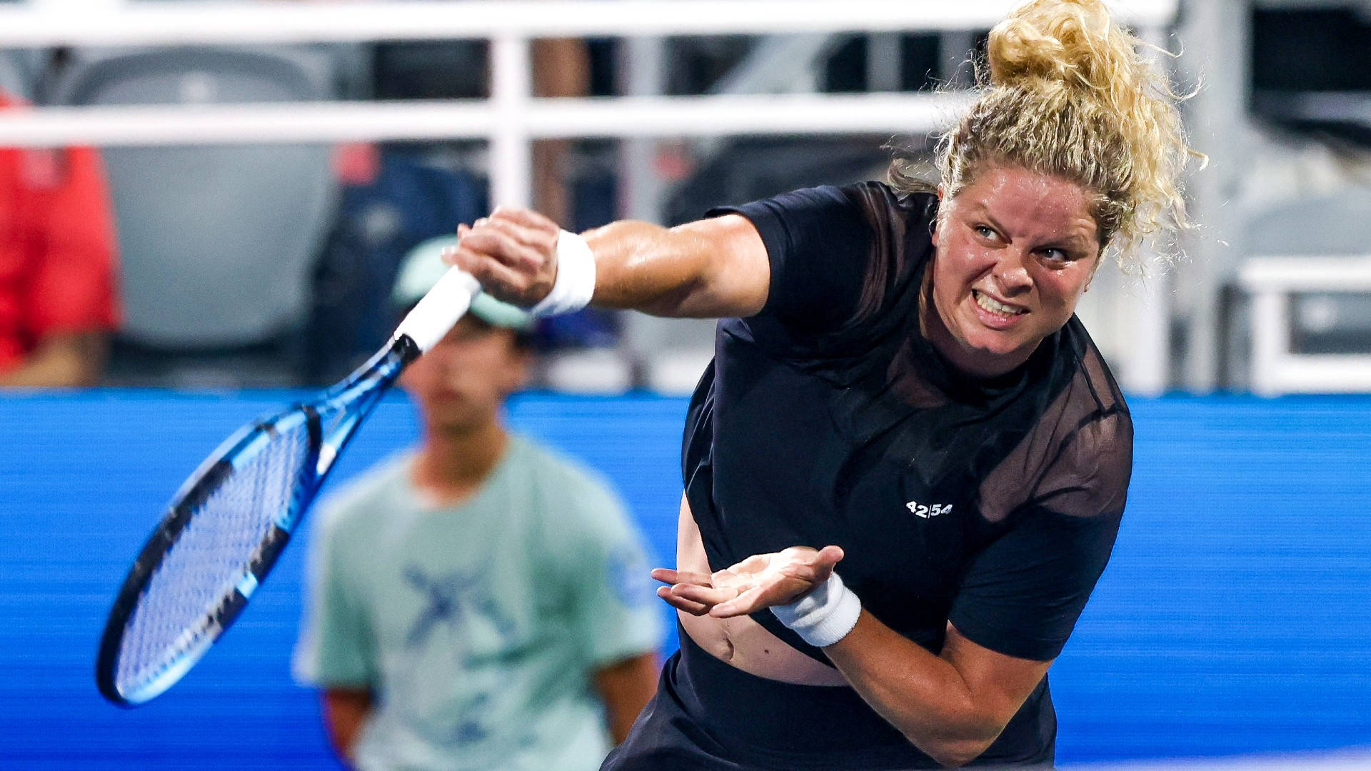 Kim Clijsters, blue hard court, bright stadium lights, Full HD Desktop Wallpaper