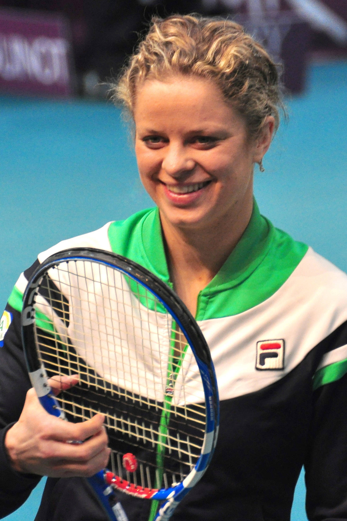 Kim Clijsters, green white and black jacket, blue and white racket, Full HD Phone Wallpaper