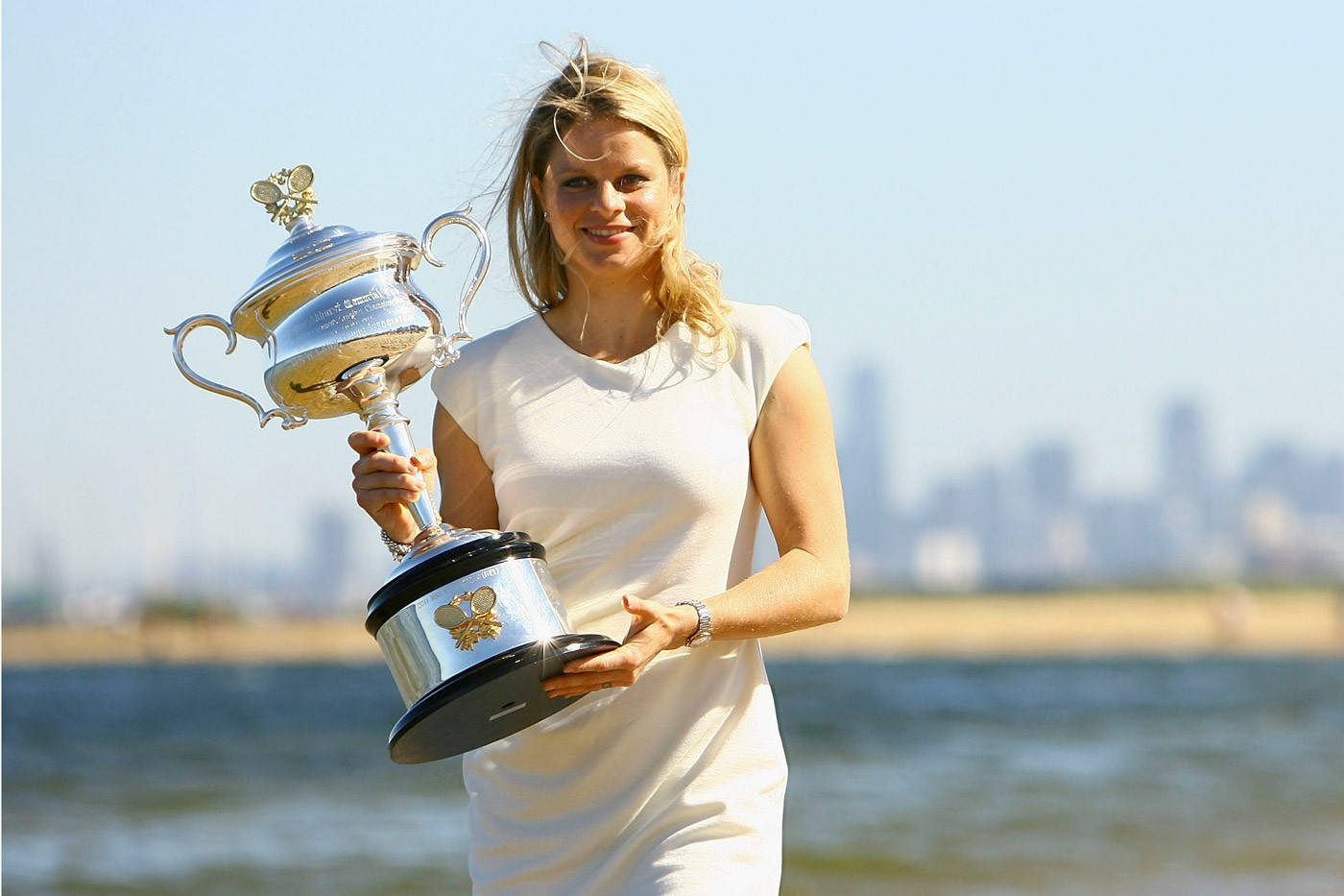 Kim Clijsters, white dress, silver trophy, HD Desktop Wallpaper