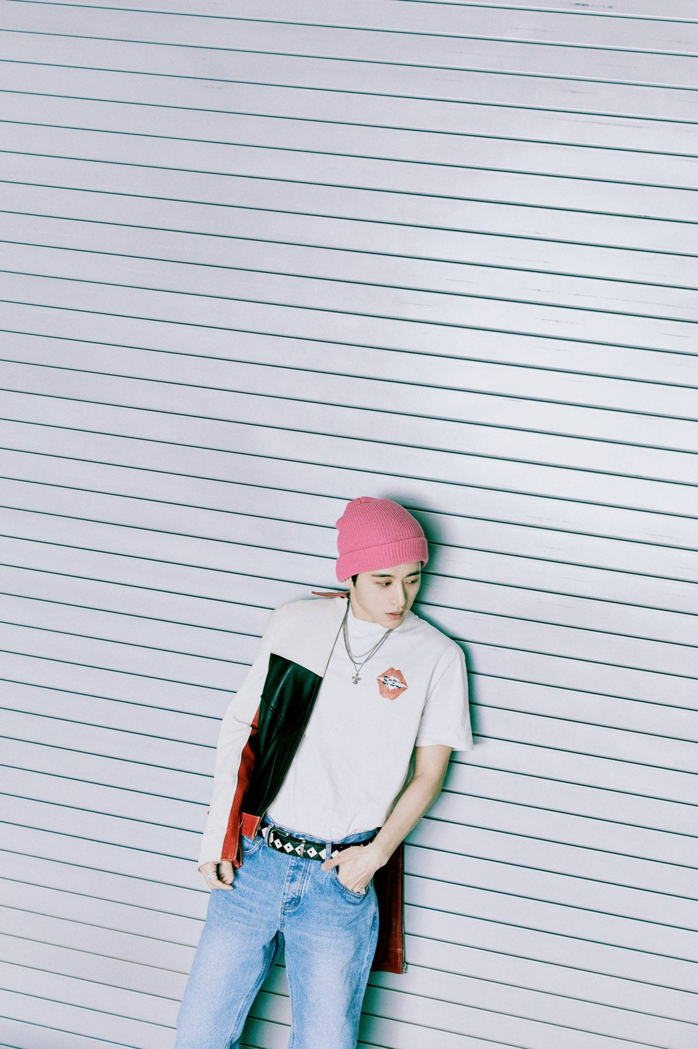Kim Hanbin, pink beanie, white slatted wall, Full HD Phone Wallpaper