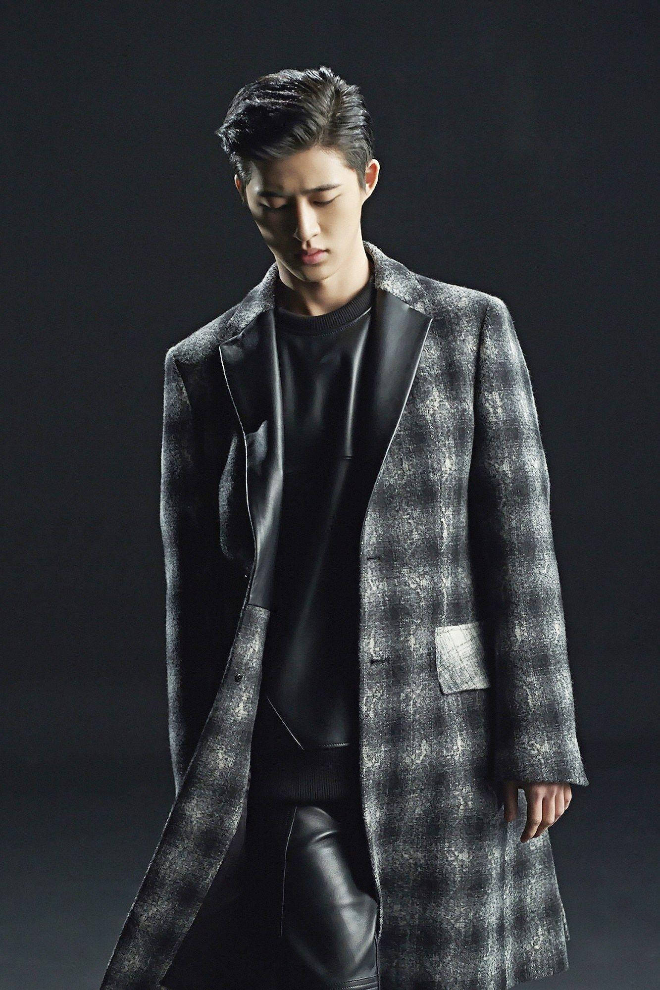 Kim Hanbin, textured gray coat, black leather pants, Full HD Phone Wallpaper