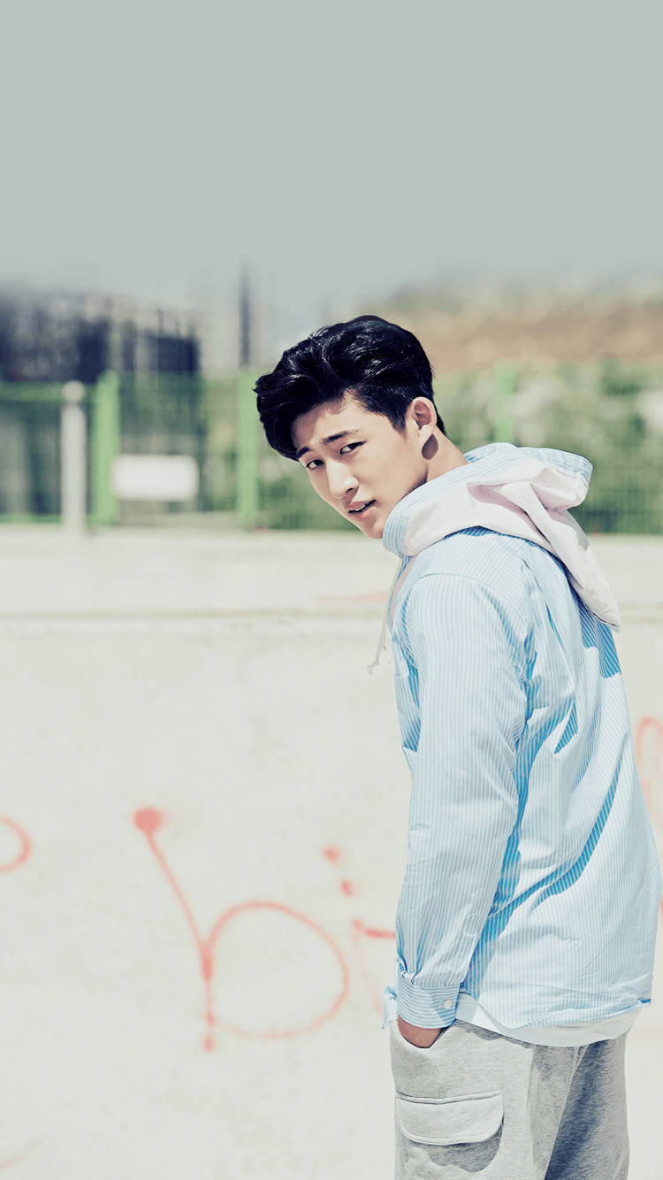 young Kim Hanbin, light blue hoodie, grey sweatpants, HD Phone Wallpaper