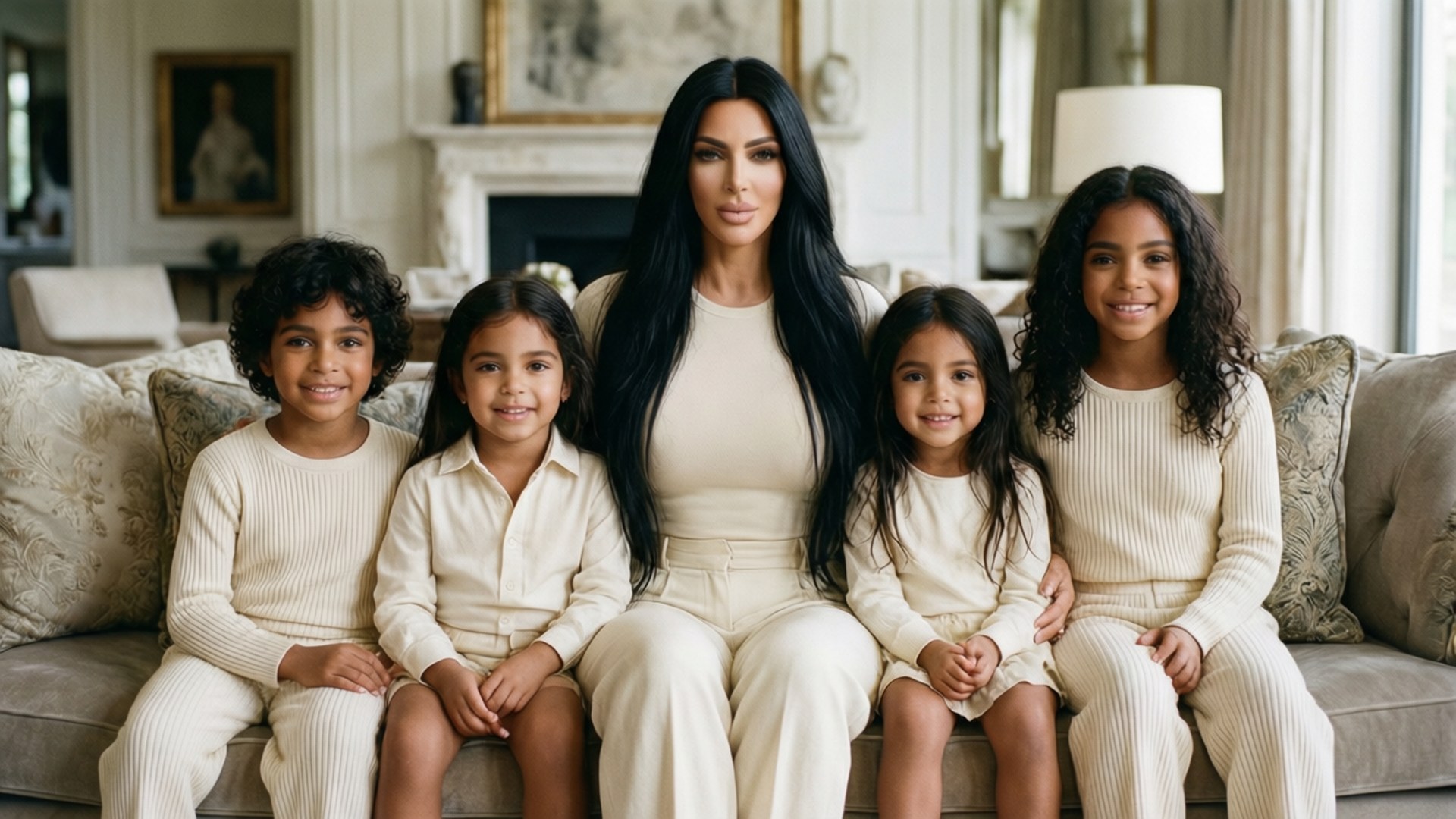 Kim Kardashian, four children, beige sofa, Full HD Desktop Wallpaper