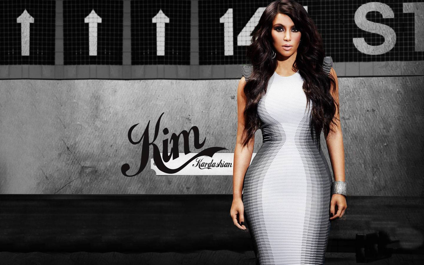 Kim Kardashian, black and white striped dress, gritty urban wall, HD Desktop Wallpaper