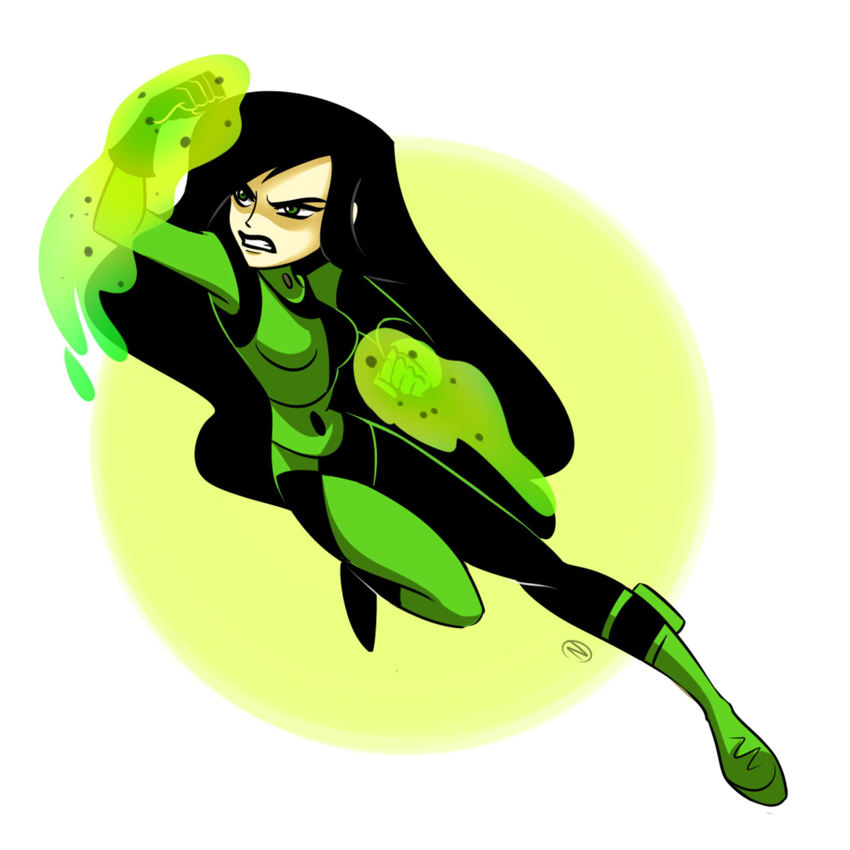 Kim Possible, fierce green-skinned female superhero, glowing green energy effects, 2K Desktop Wallpaper