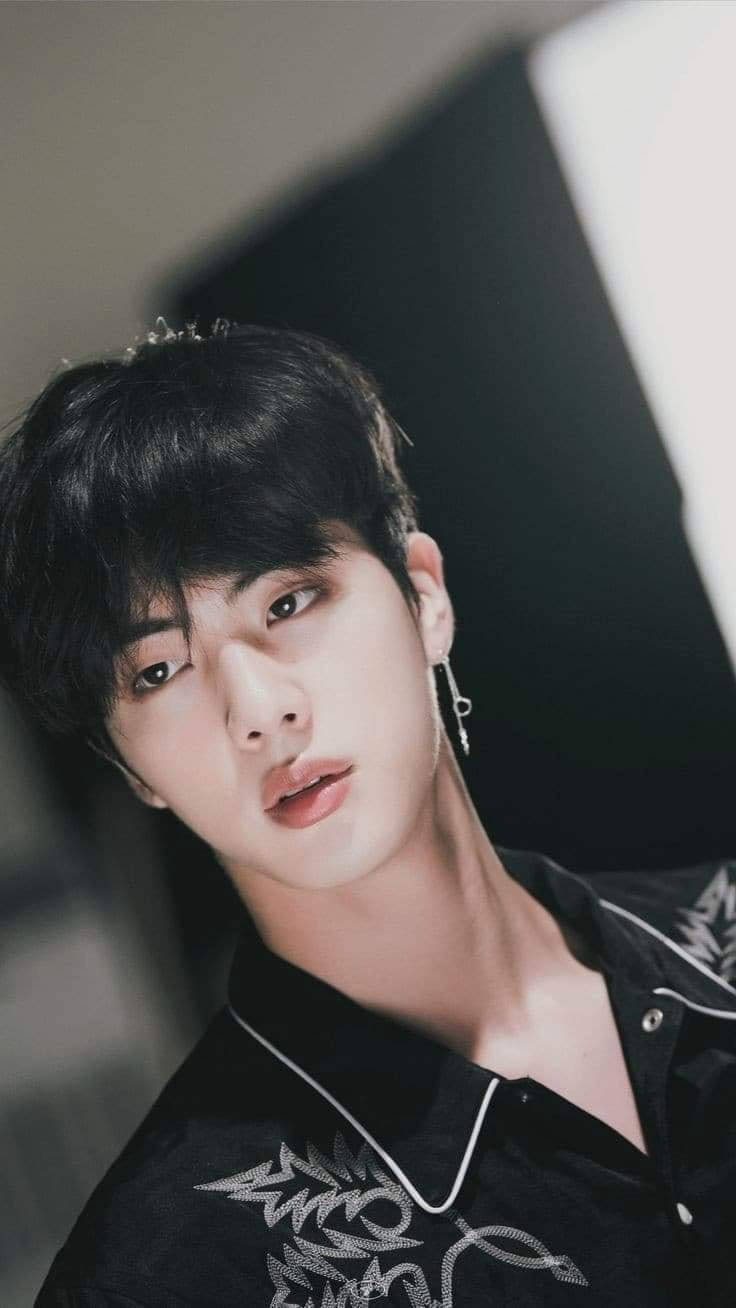 Kim Seok Jin, black embroidered shirt, silver earrings, HD Phone Wallpaper