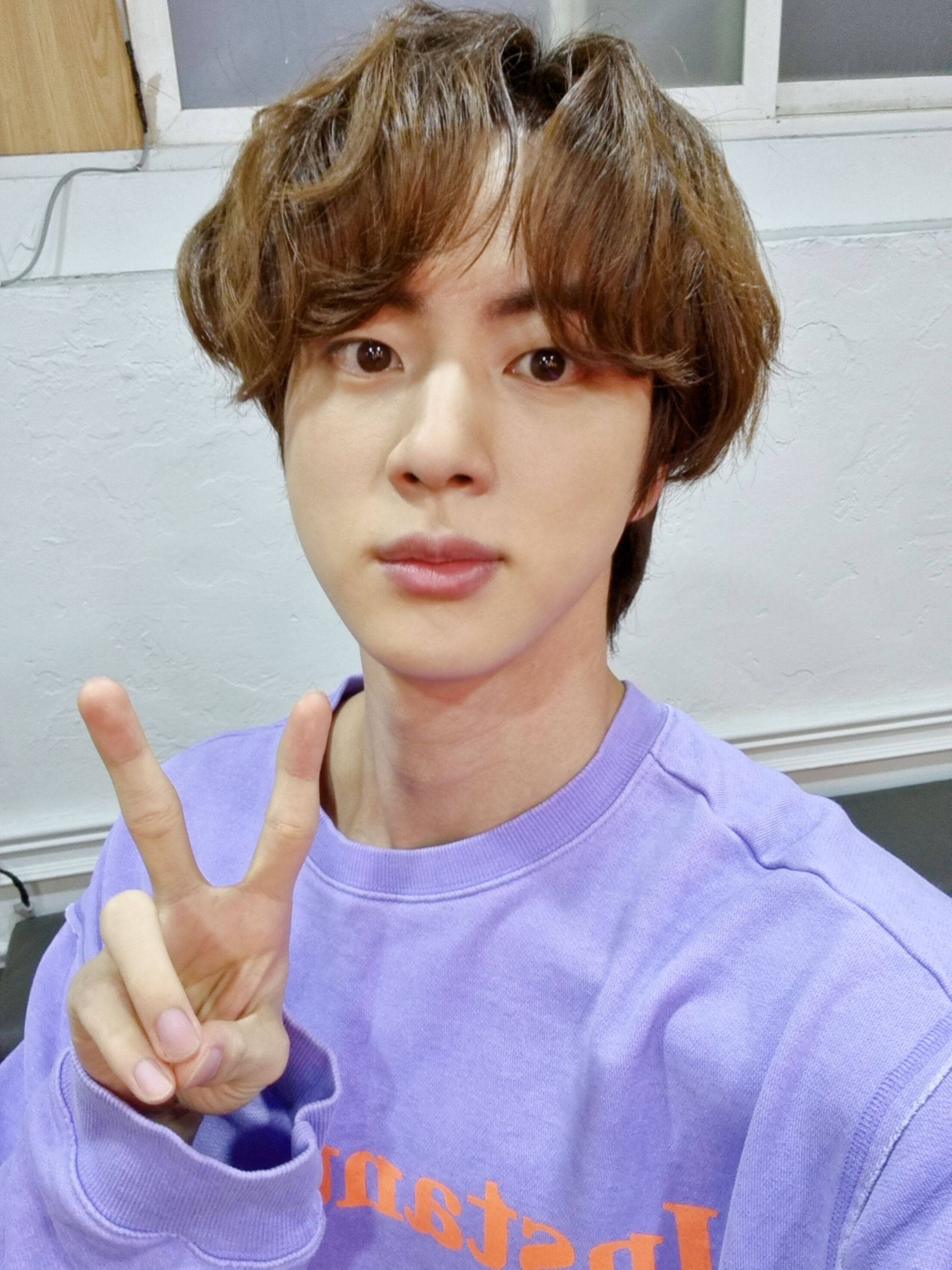 Kim Seok Jin, wavy brown hair, purple sweatshirt, 2K Phone Wallpaper