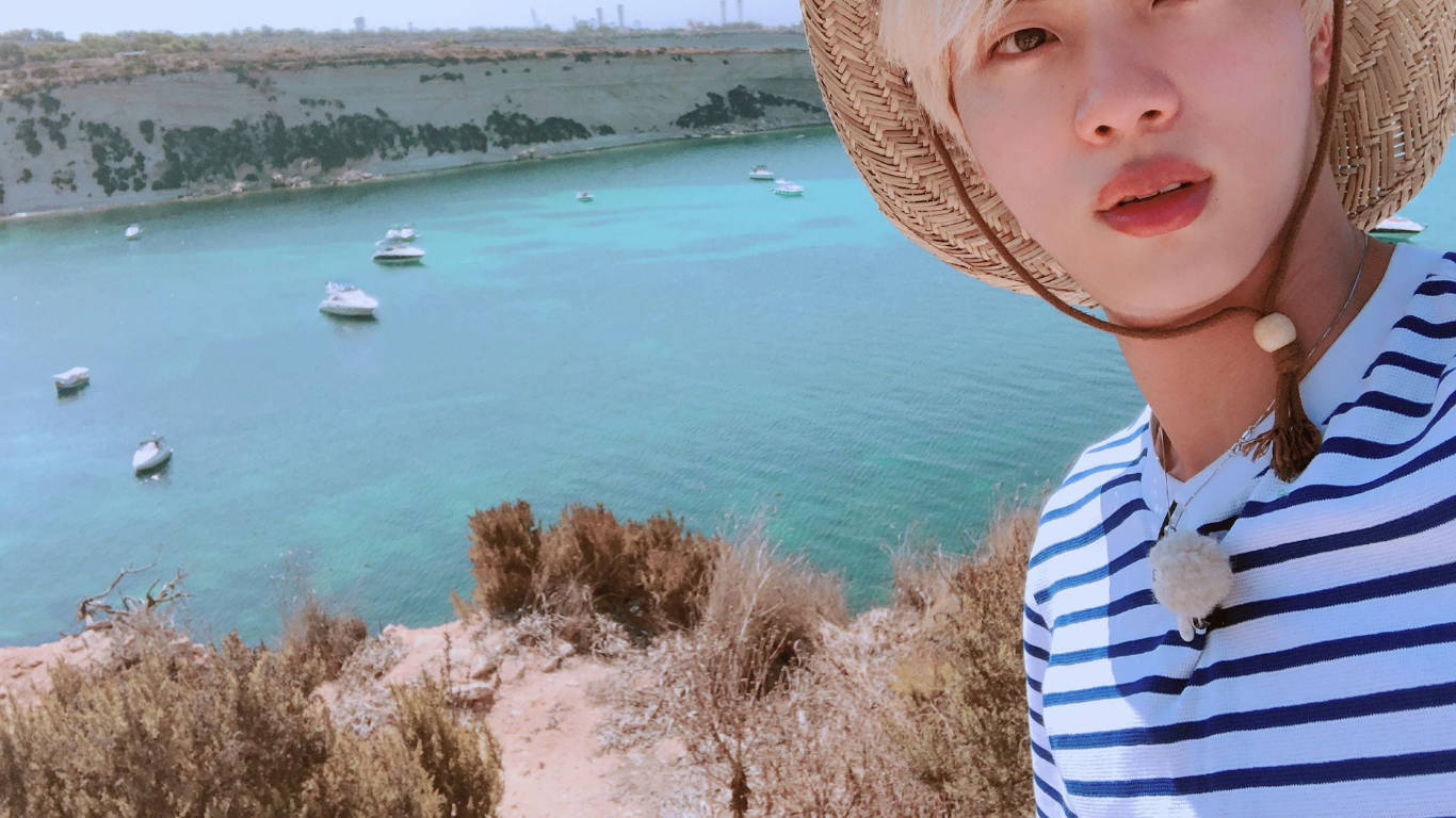 Kim Seok Jin, straw hat, striped shirt, HD Desktop Wallpaper
