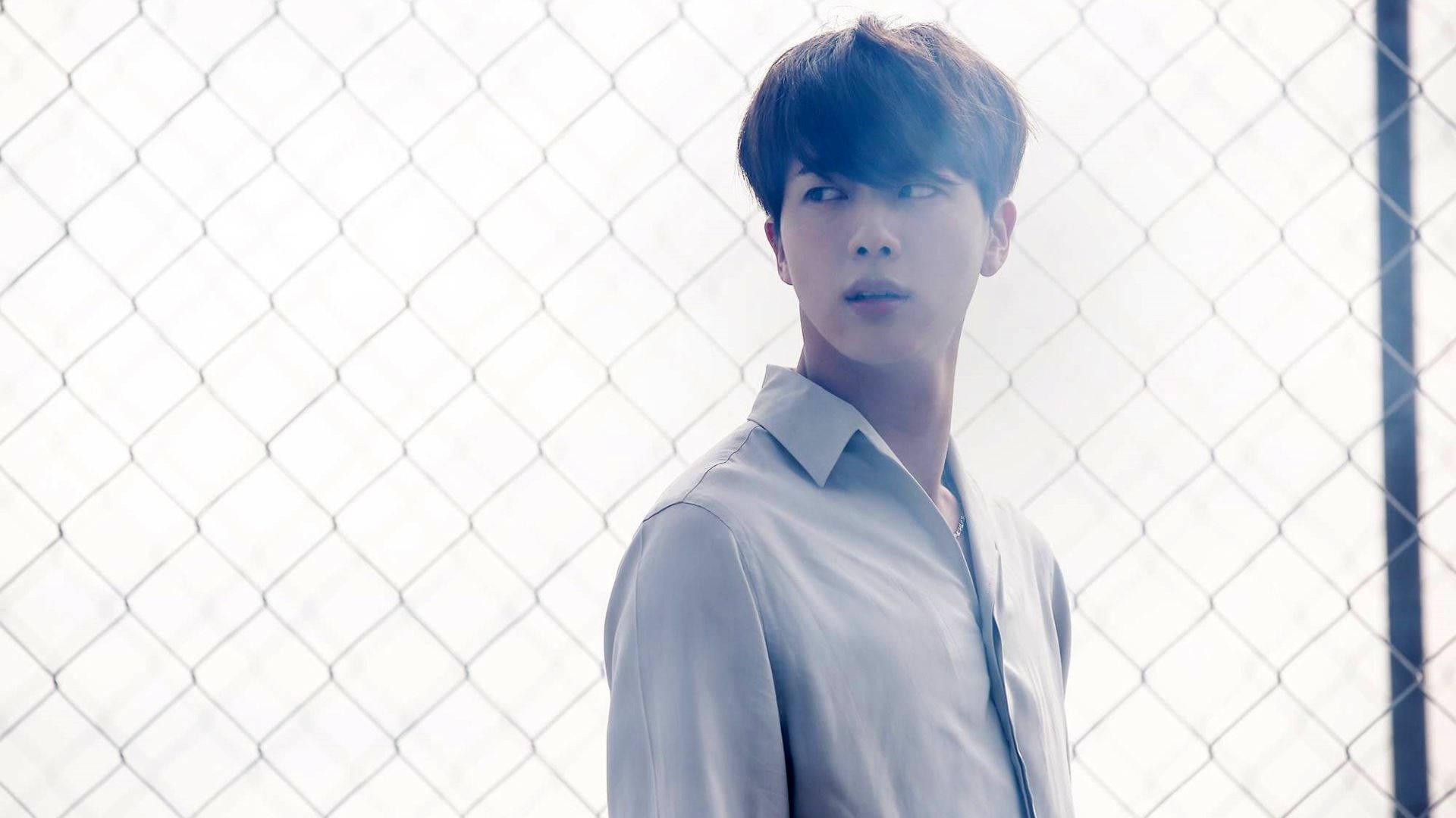 Kim Seok Jin, light shirt, chain-link fence, Full HD Desktop Wallpaper