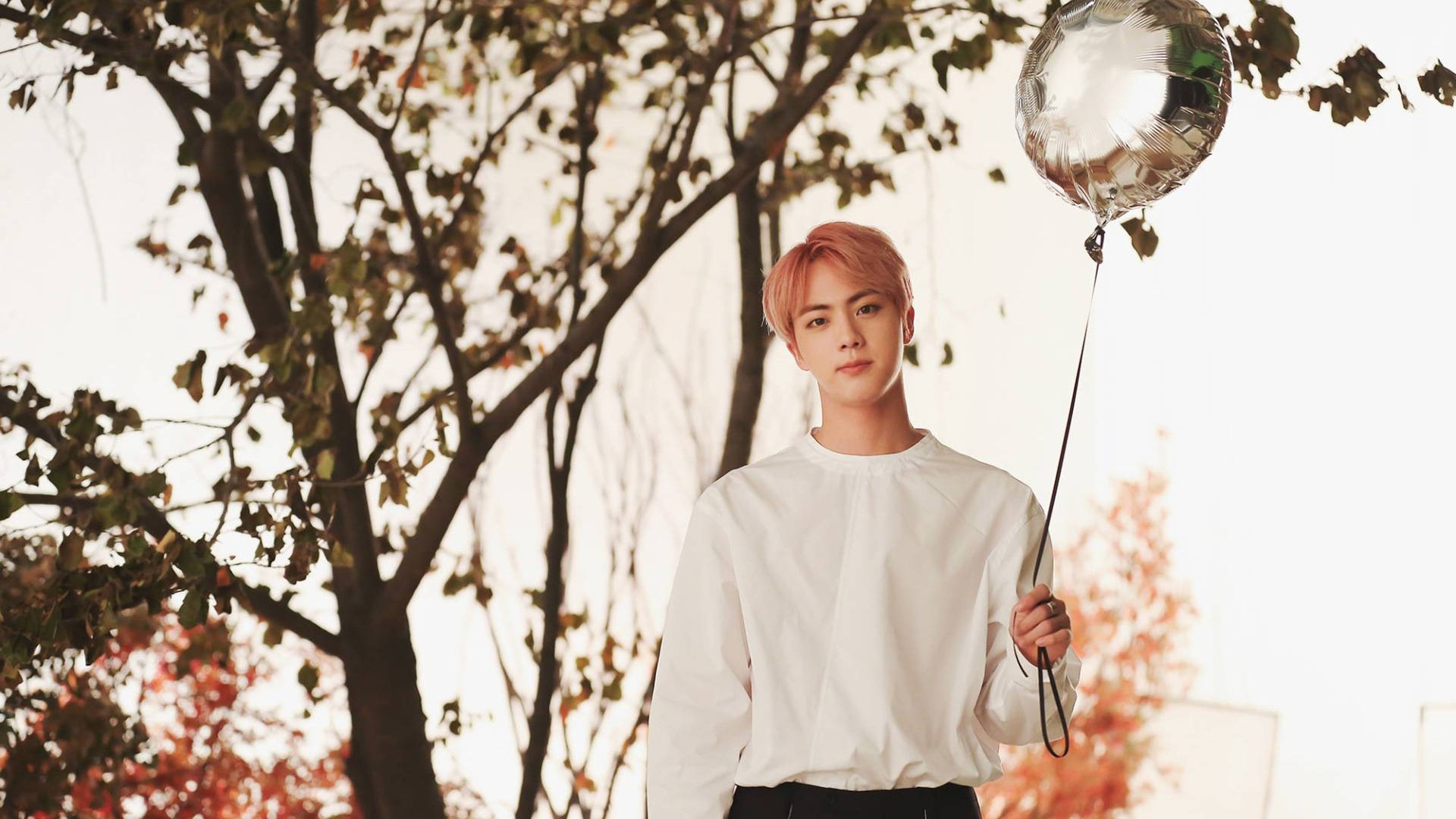 Kim Seok Jin, pink hair, silver balloon, Full HD Desktop Wallpaper