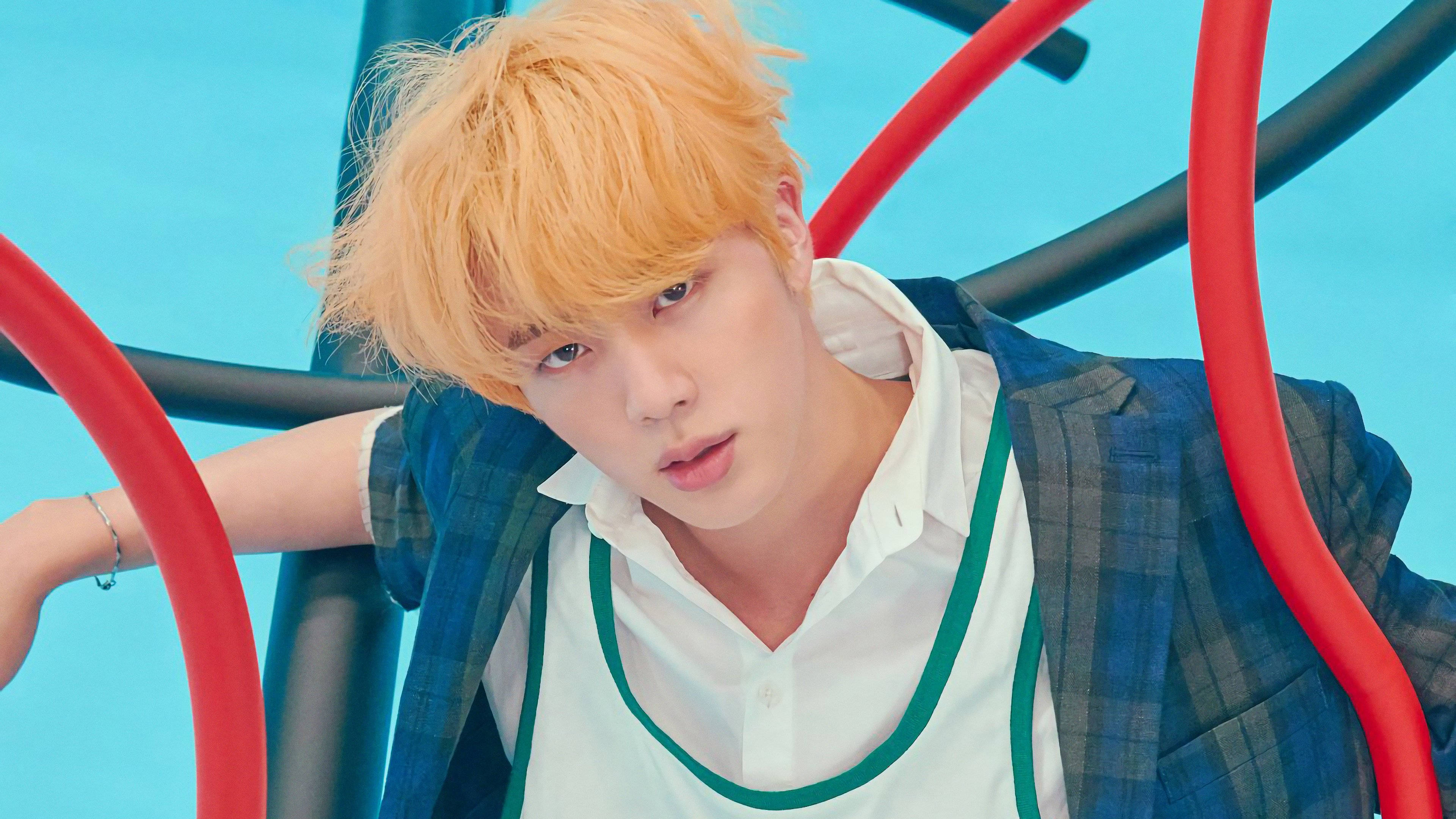 Kim Seok Jin, blue checkered, orange hair, 4K Desktop Wallpaper