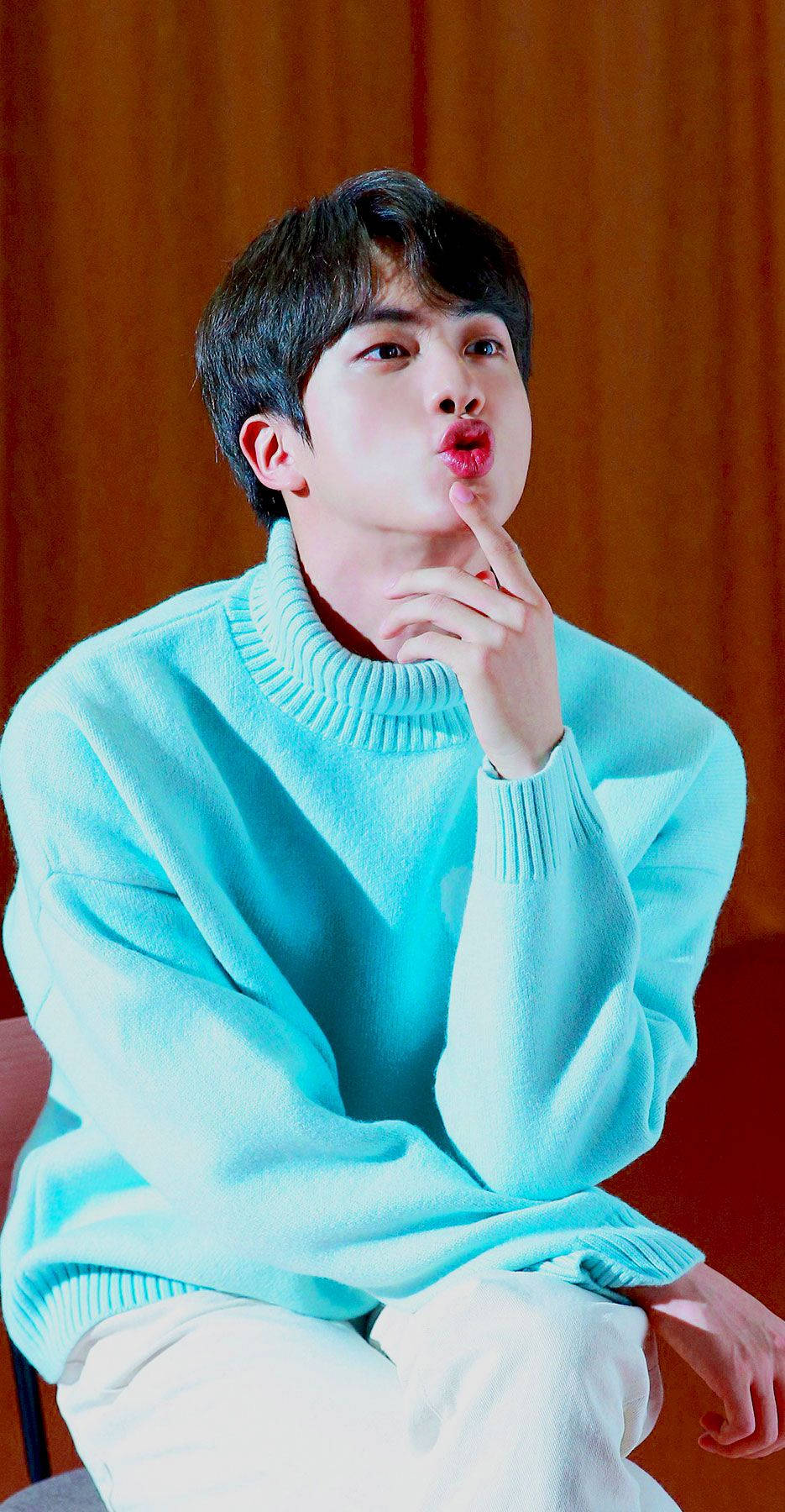 Kim Seok Jin, bright cyan sweater, puckers his lips, HD Phone Wallpaper