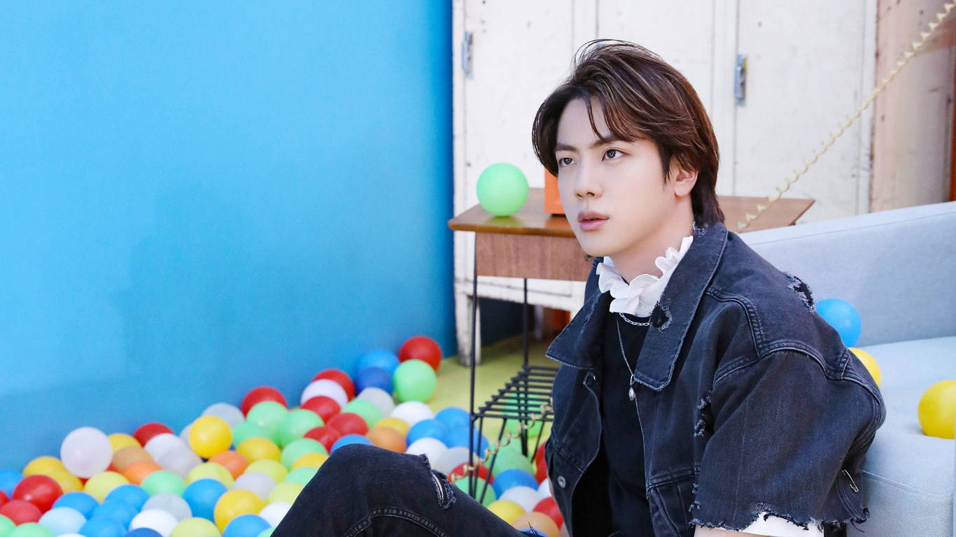 Kim Seok Jin, denim jacket, colorful ball pit, HD Desktop Wallpaper