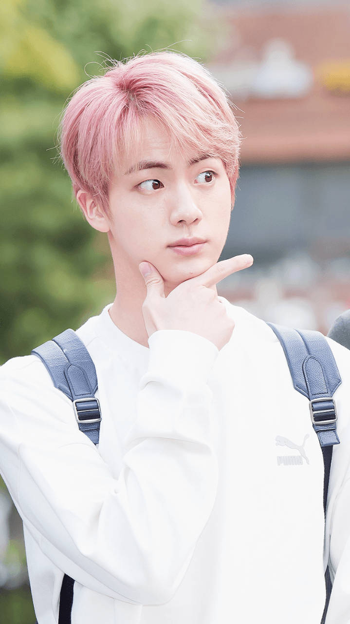 pink hair, white sweatshirt, Kim Seok Jin, HD Phone Wallpaper