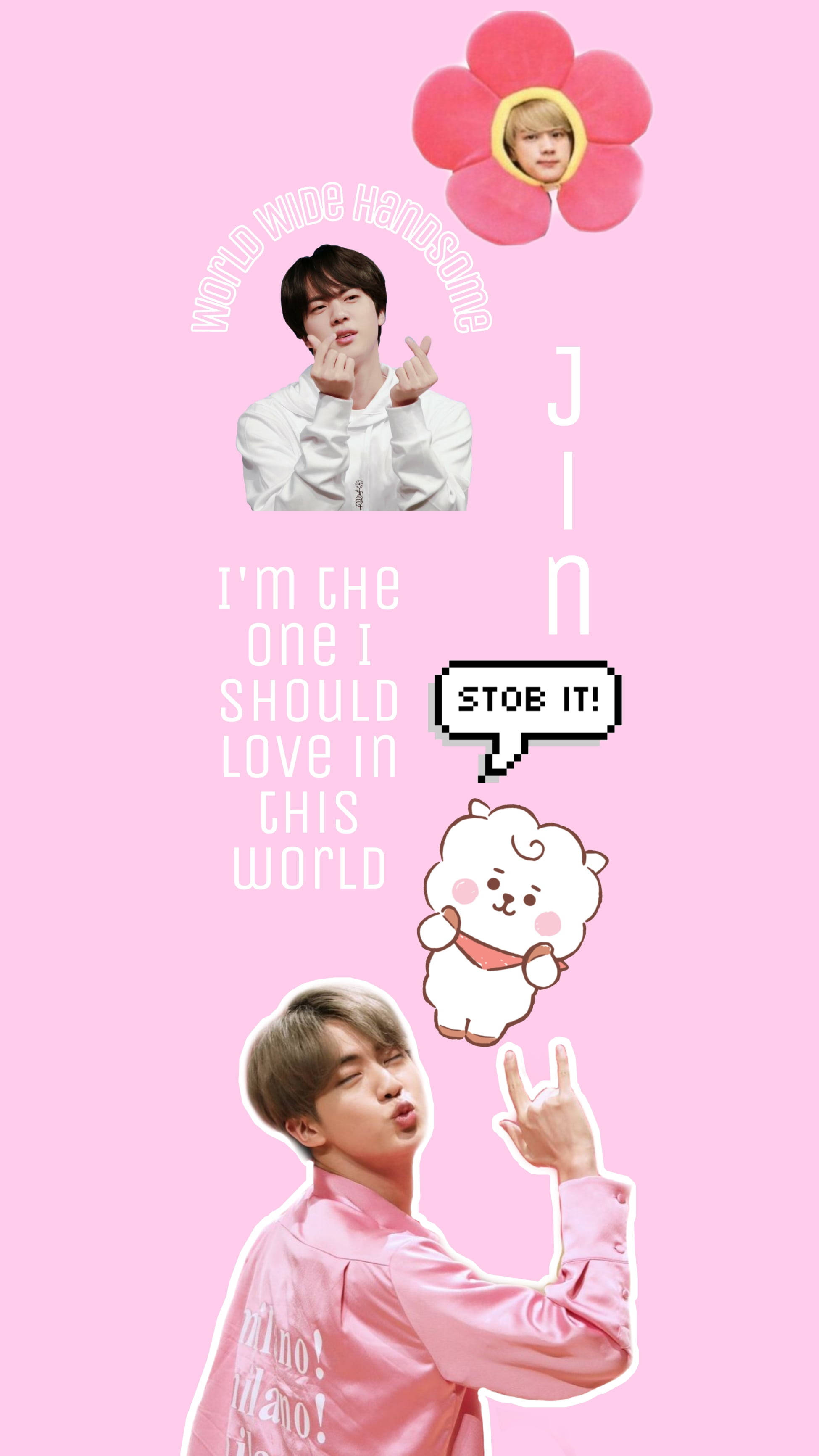 Kim Seok Jin, pink, cartoon sheep, 2K Phone Wallpaper