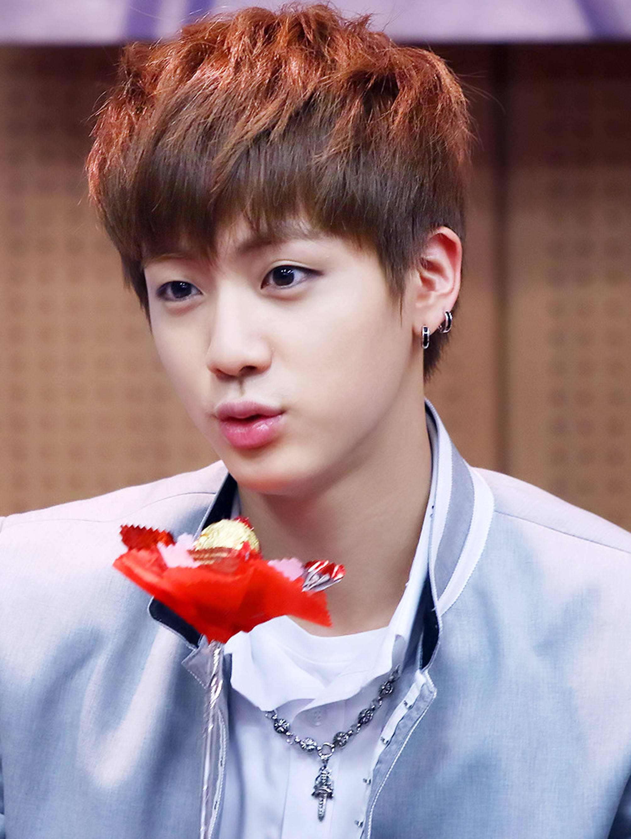 Kim Seok Jin, spiky reddish-brown hair, red flower, 2K Phone Wallpaper