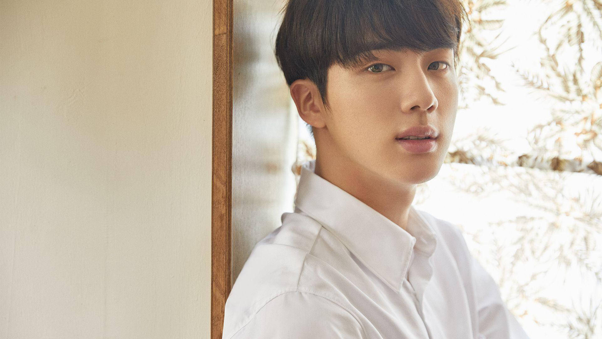 Kim Seok Jin, white shirt, wooden-framed window, Full HD Desktop Wallpaper