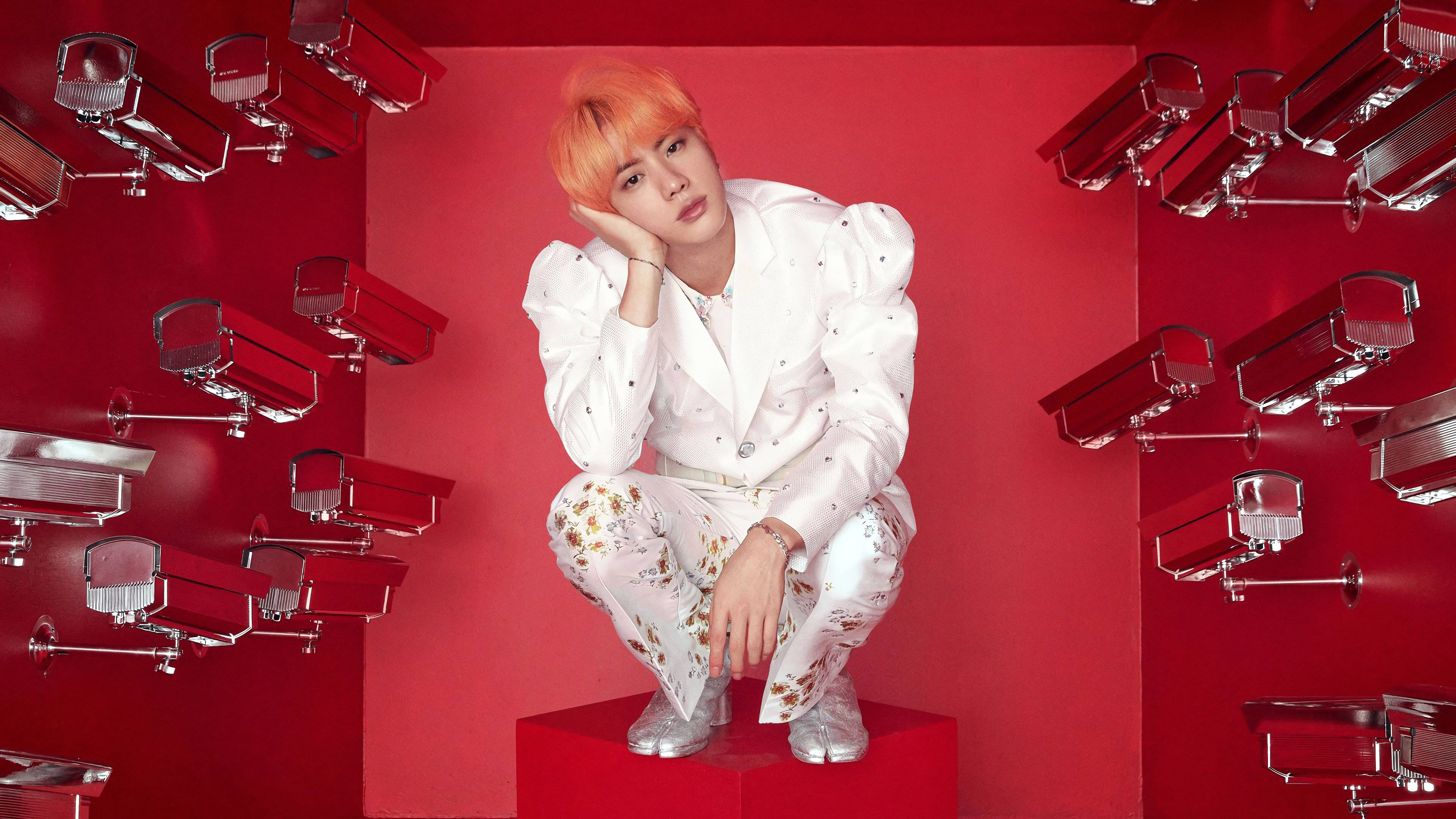 Kim Seok Jin, red concept, orange hair, 4K Desktop Wallpaper