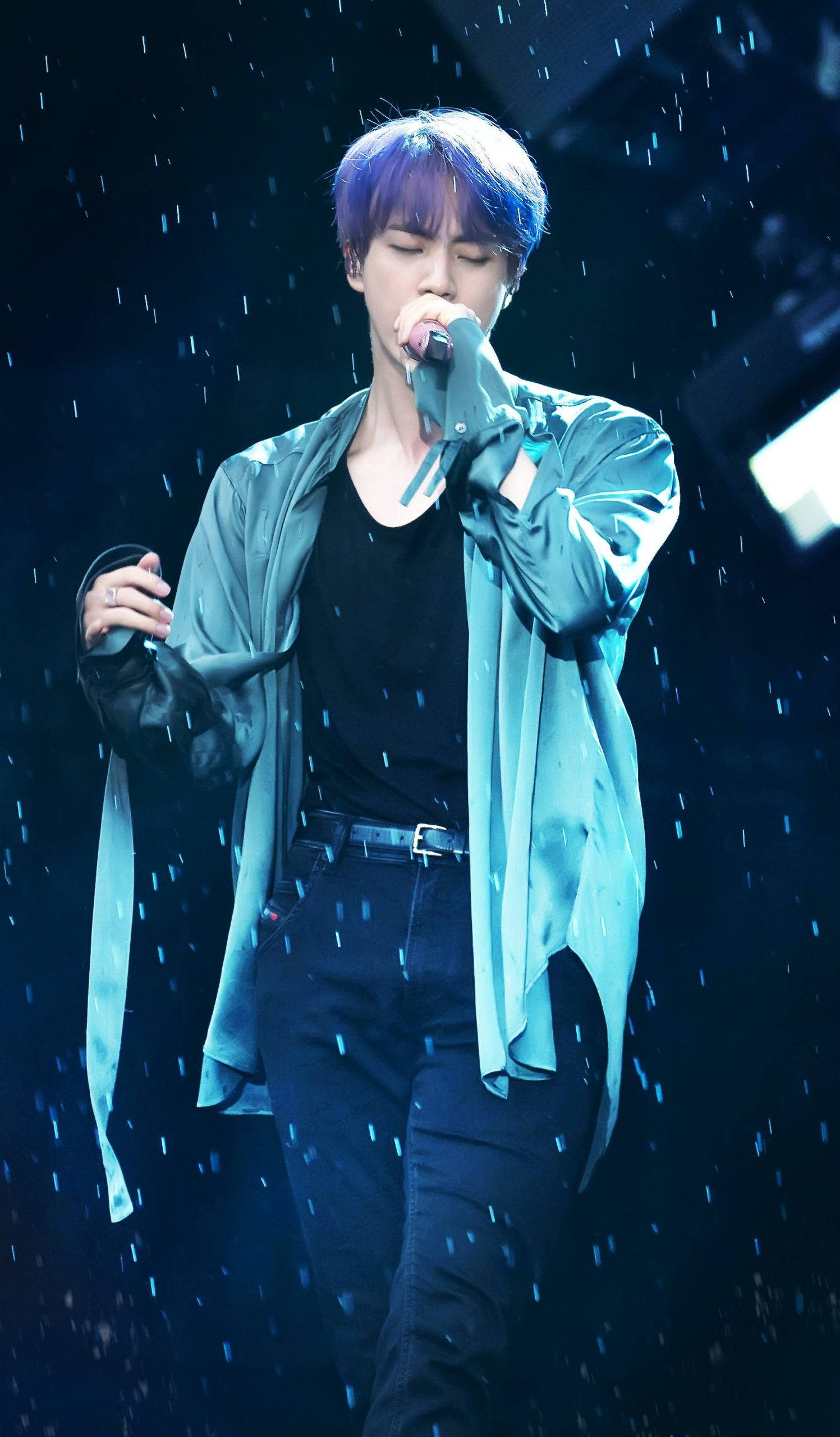 Kim Seok Jin, purple hair, blue stage lights, 2K Phone Wallpaper