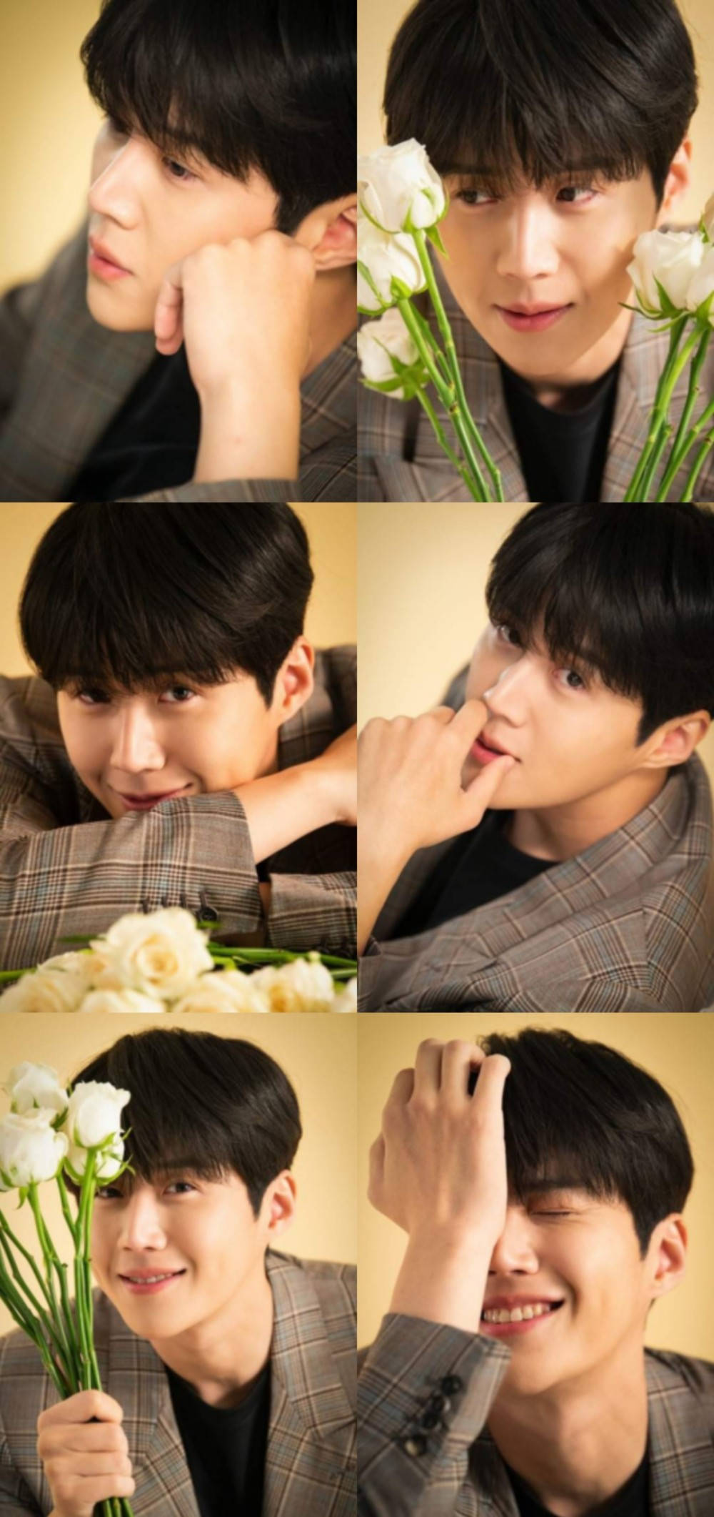 Kim Seon Ho, white roses, warm beige background, Full HD Phone Wallpaper