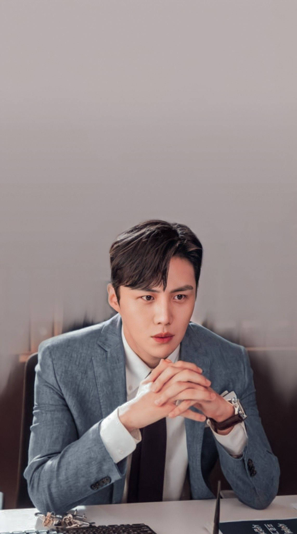 Kim Seon Ho, gray suit, desk, Full HD Phone Wallpaper