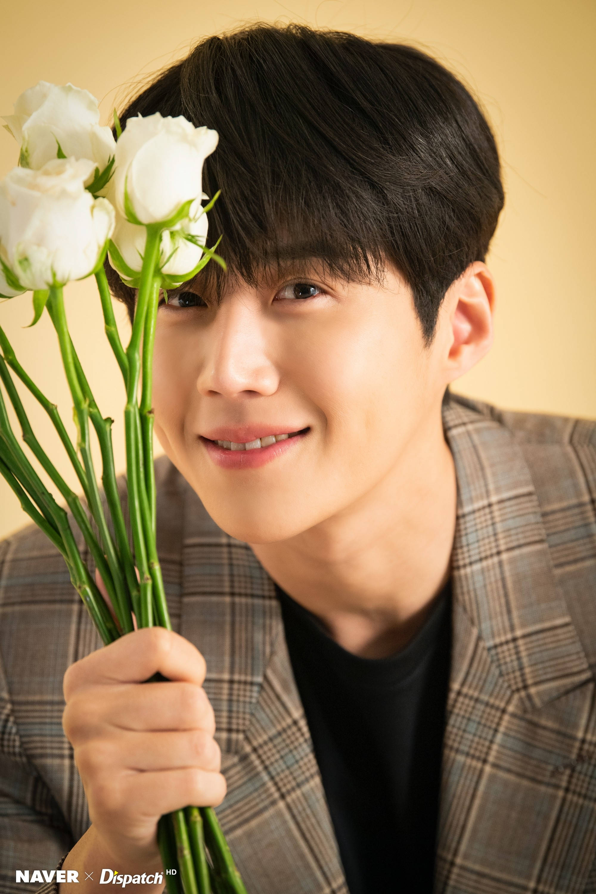 Kim Seon Ho, white roses, warm beige background, 2K Phone Wallpaper
