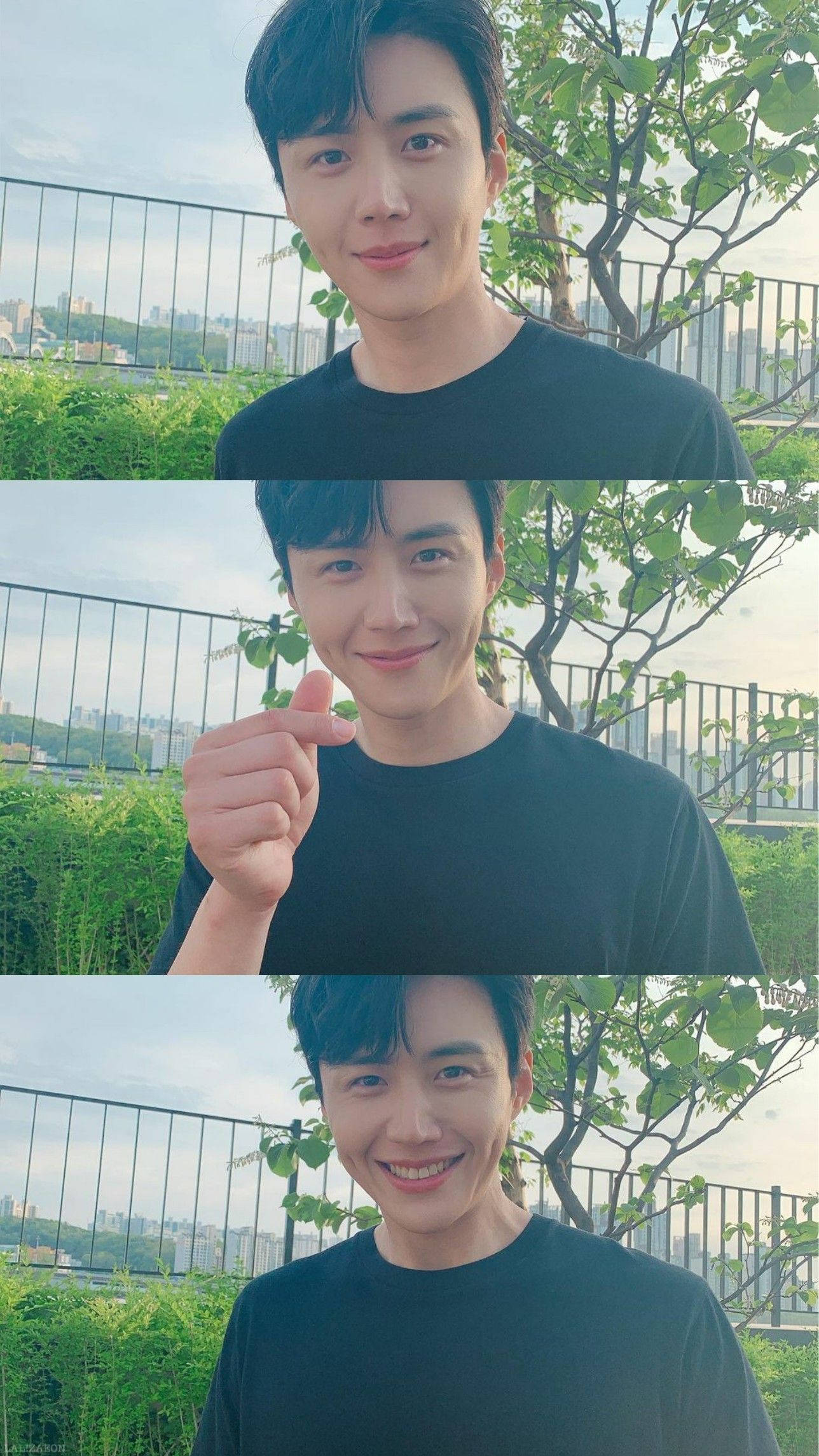 Kim Seon Ho, black t-shirt, green rooftop backdrop, Full HD Phone Wallpaper
