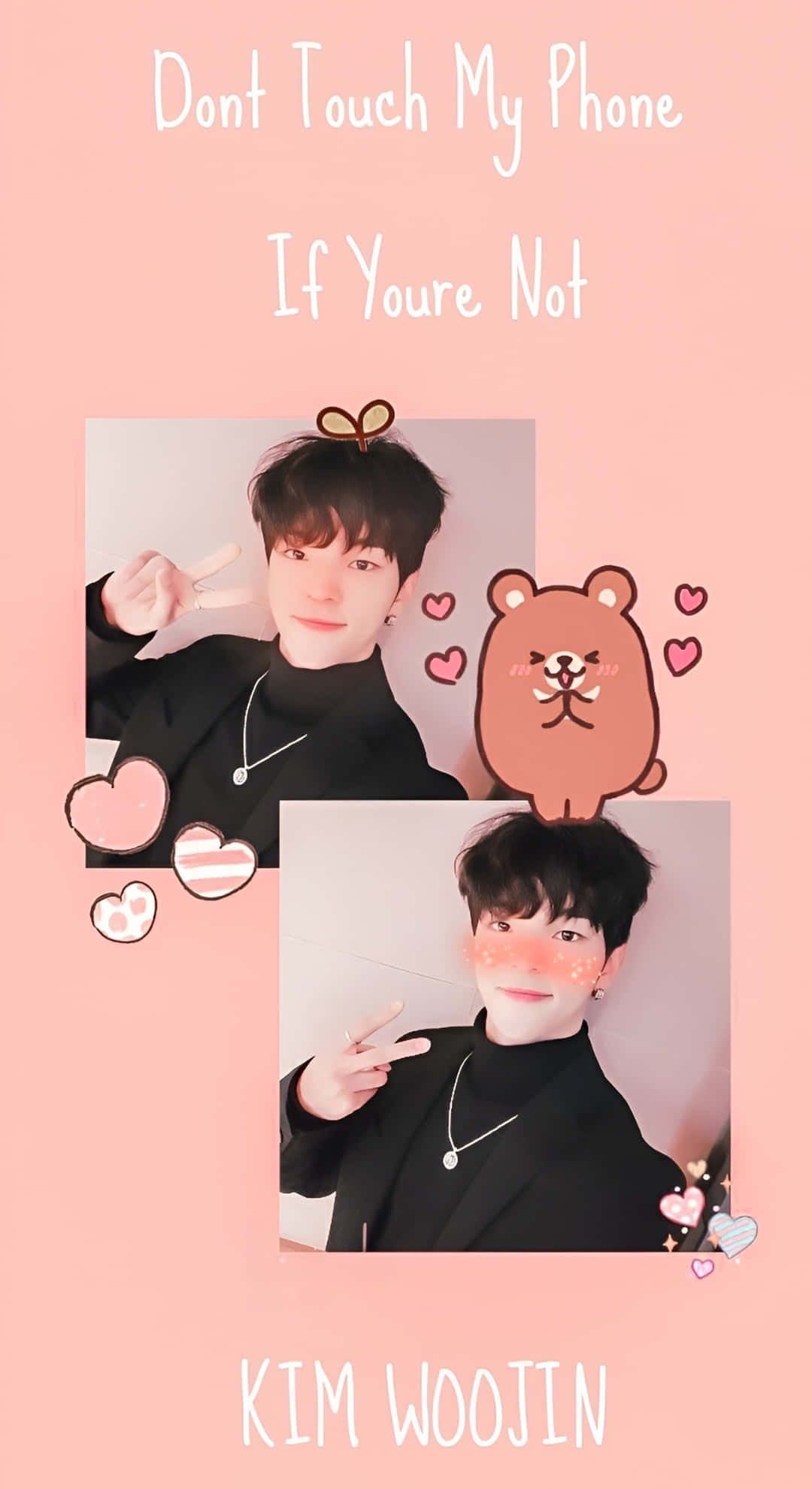 Kim Woojin, pink wallpaper, peace signs, Full HD Phone Wallpaper