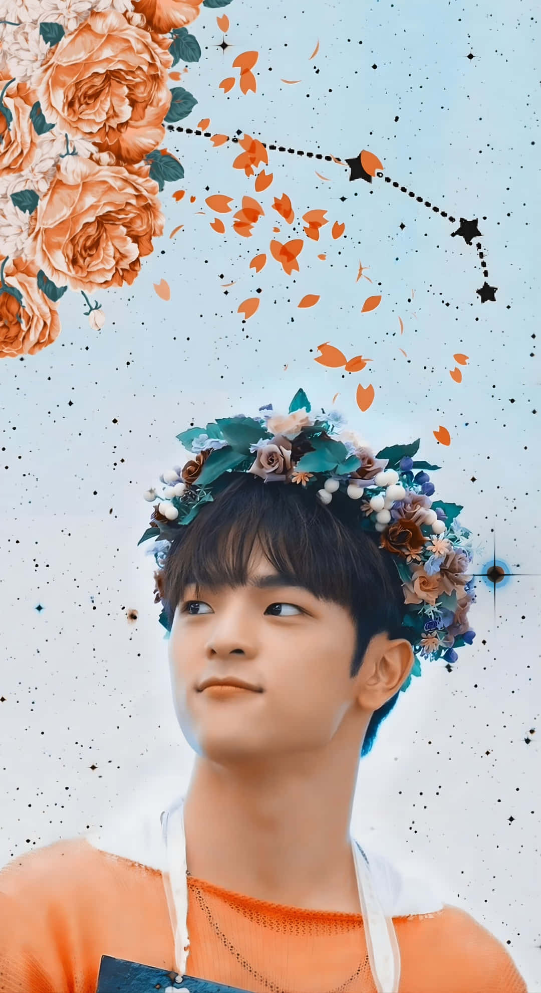 Kim Woojin, floral crown, orange petals, Full HD Phone Wallpaper