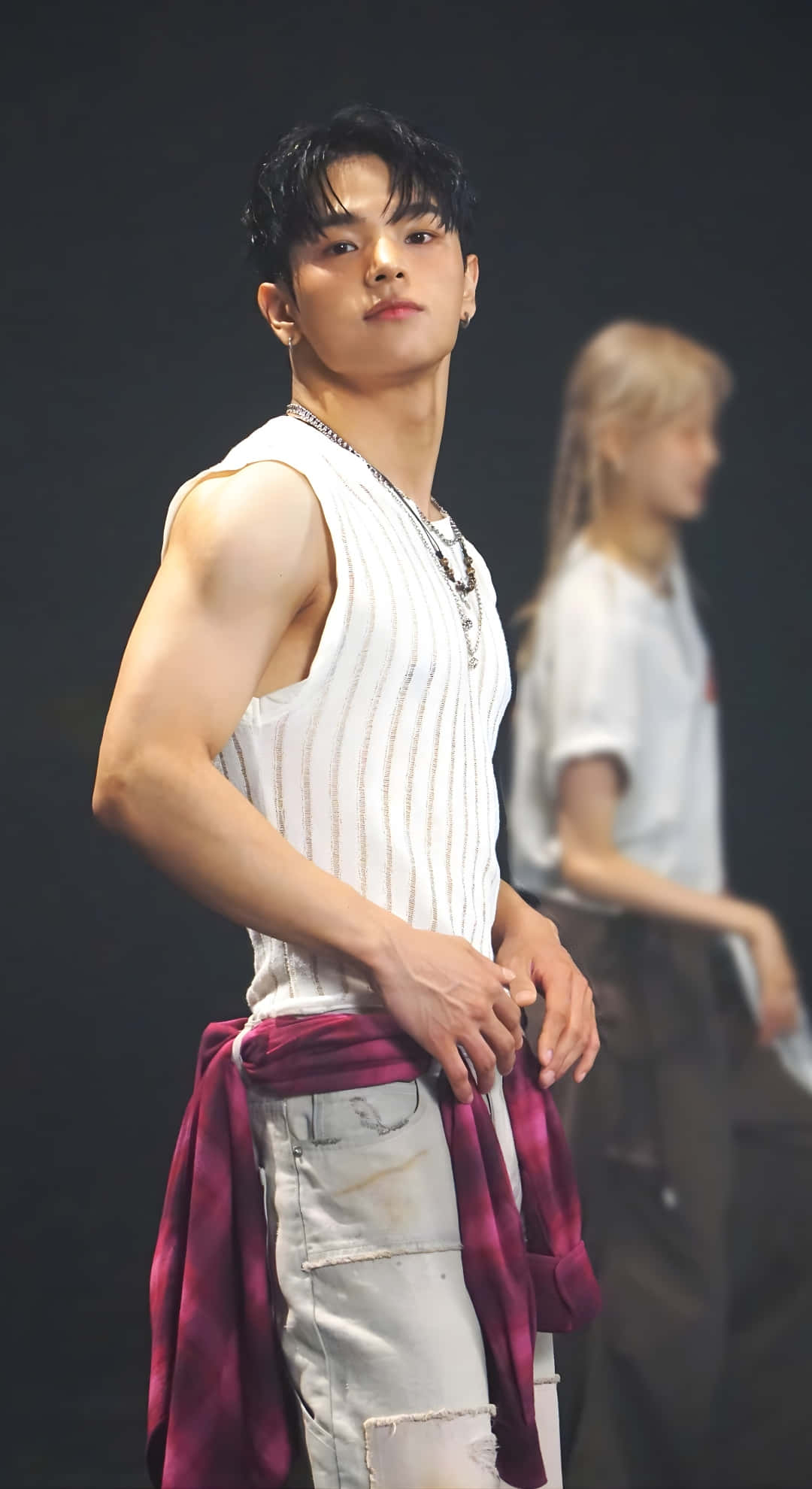 Kim Woojin, white striped tank top, light pants, Full HD Phone Wallpaper