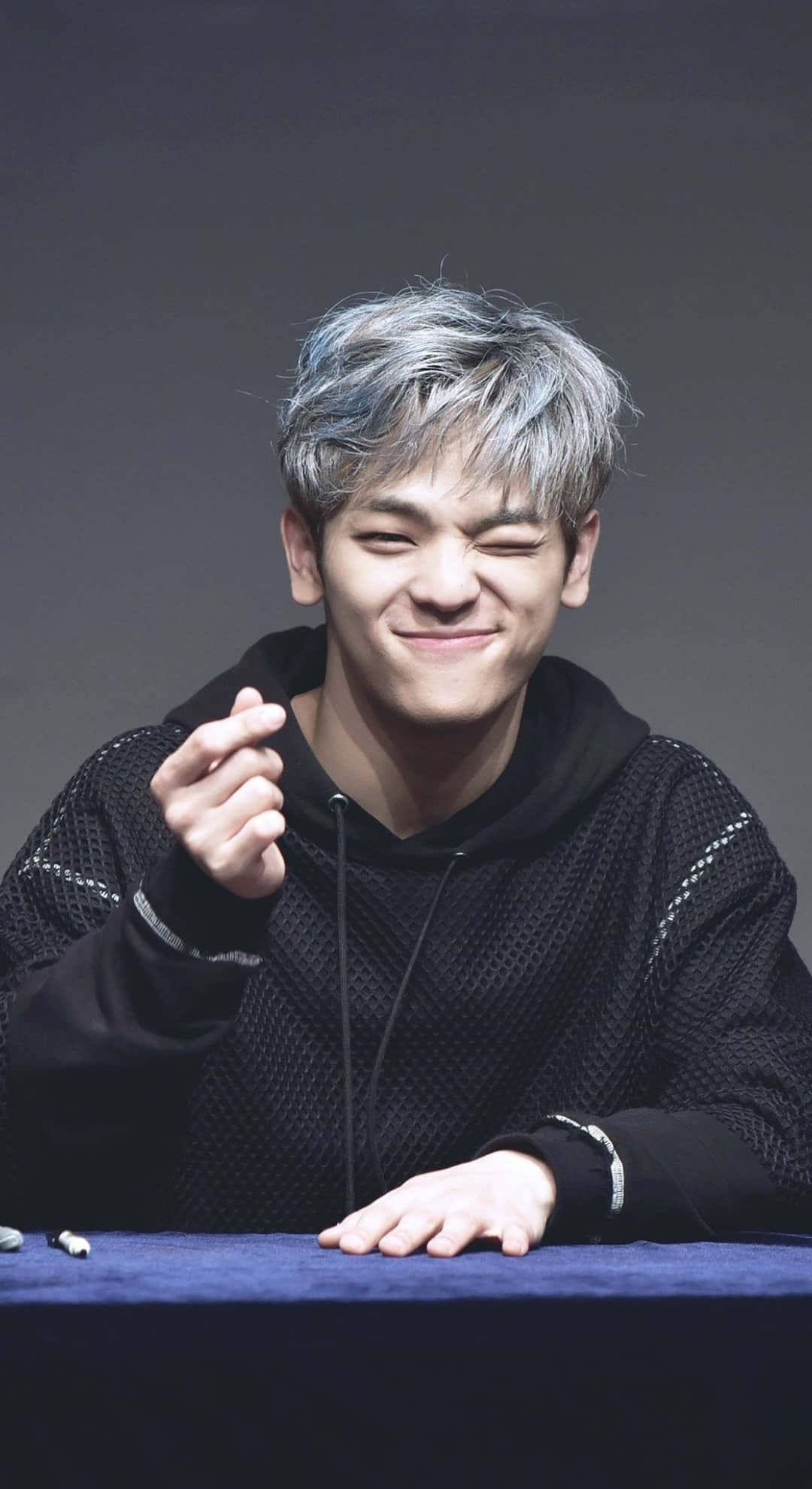 Kim Woojin, silver hair, blue table, Full HD Phone Wallpaper