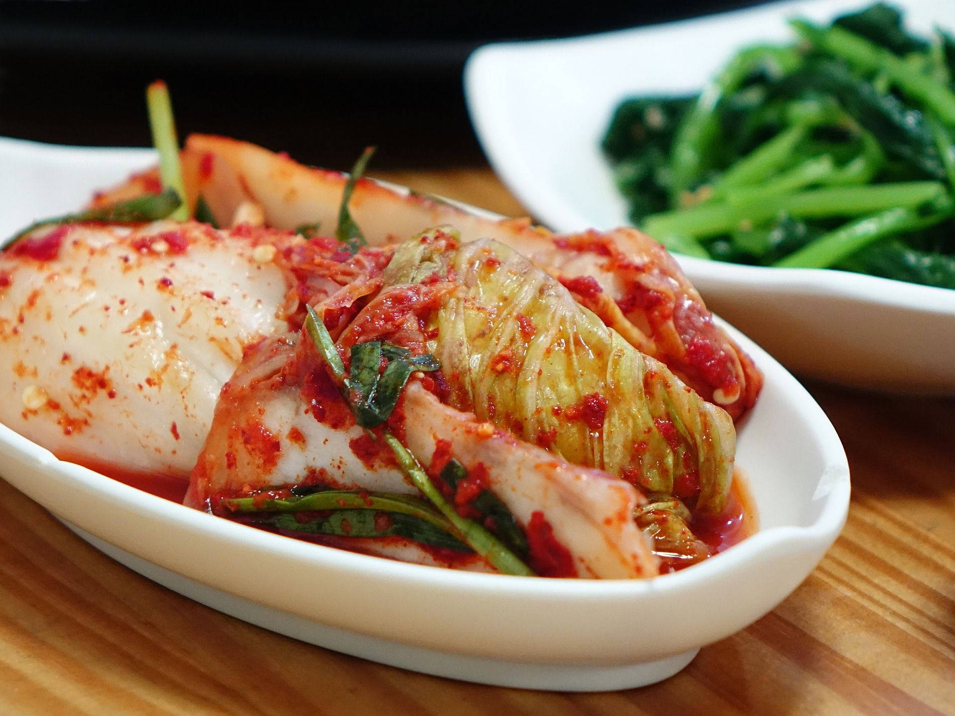 kimchi, white bowl, green spinach, Full HD Desktop Wallpaper