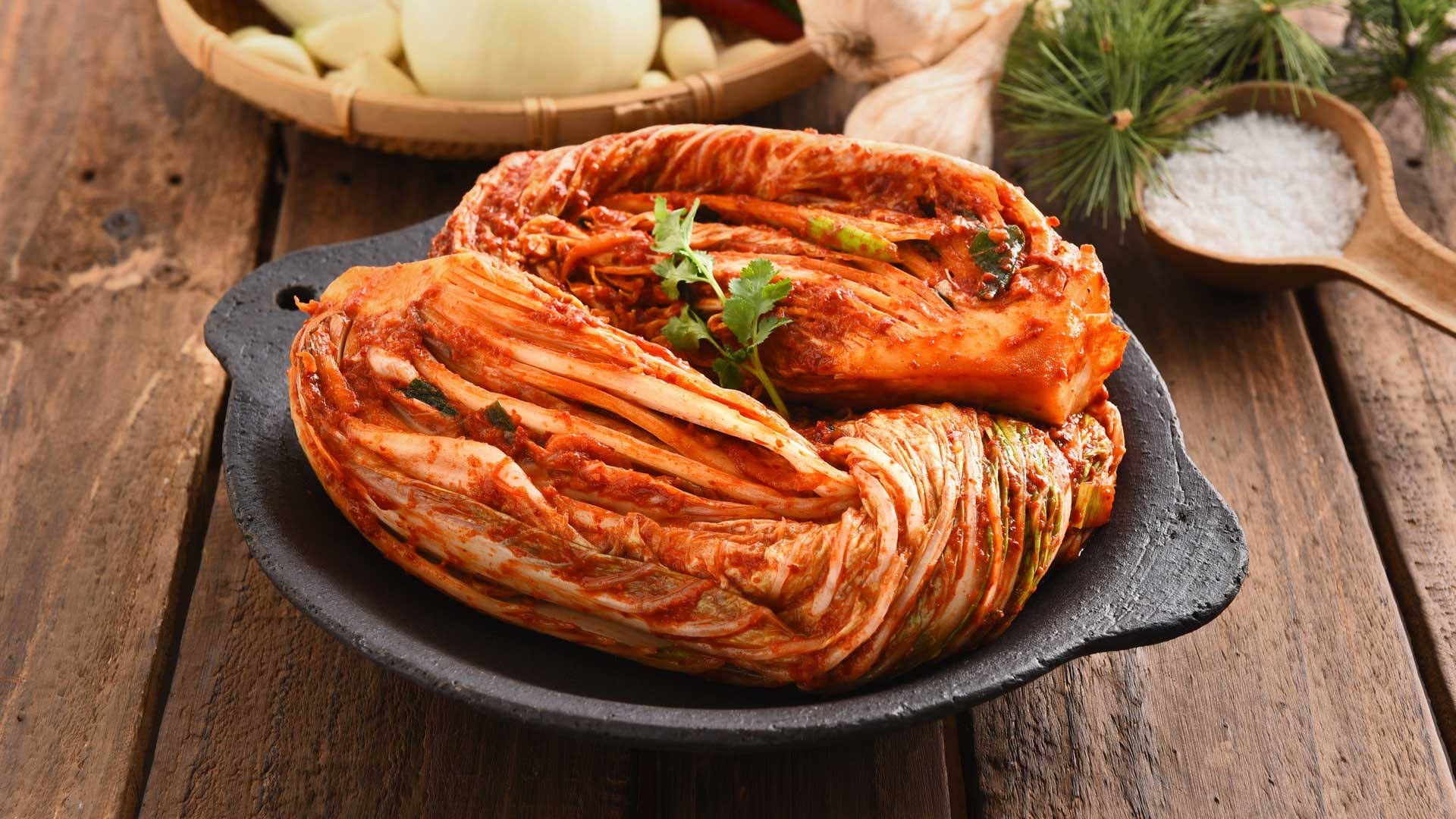 kimchi, black plate, rustic wooden table, Full HD Desktop Wallpaper