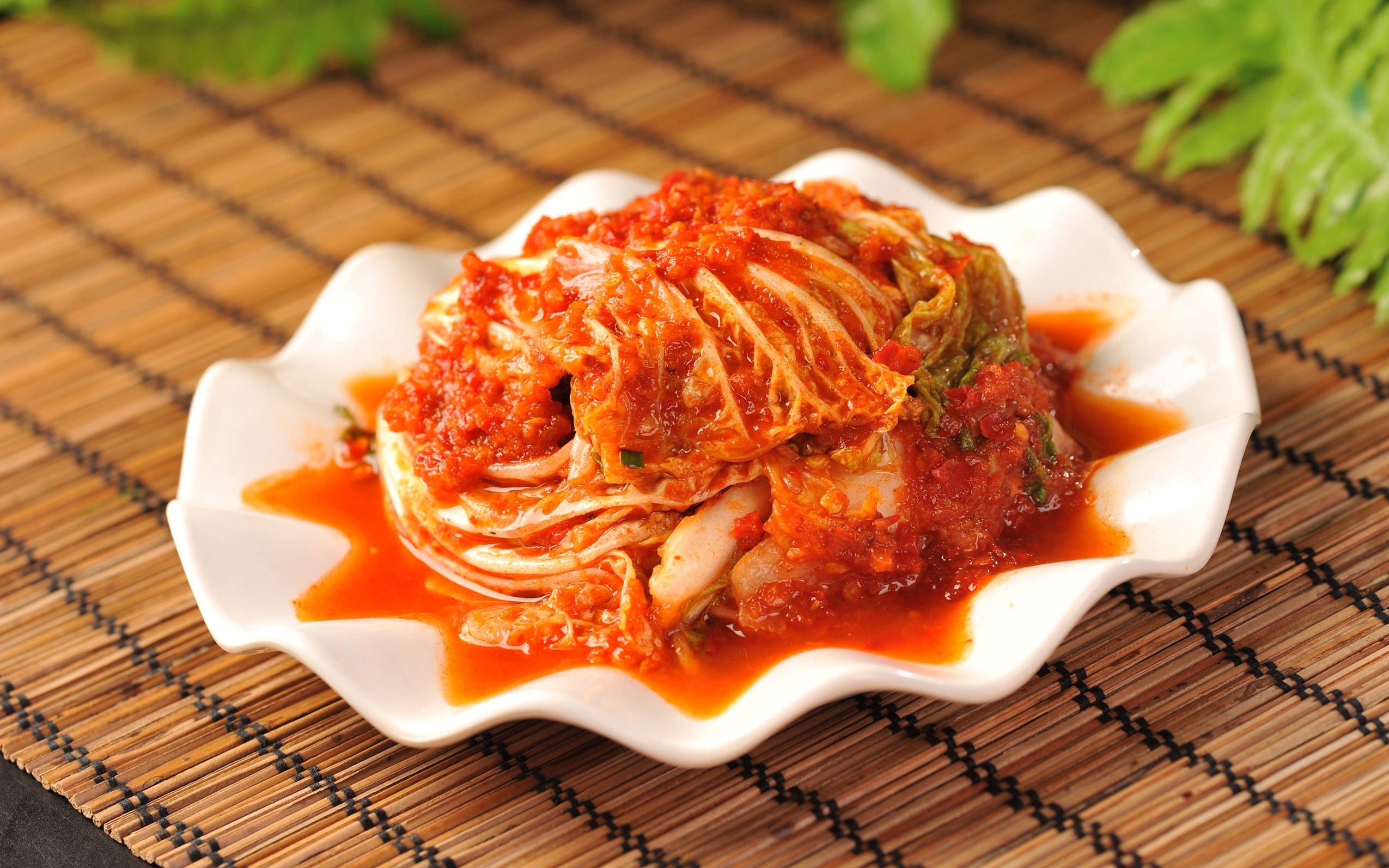 kimchi, white scalloped plate, woven bamboo mat, Full HD Desktop Wallpaper