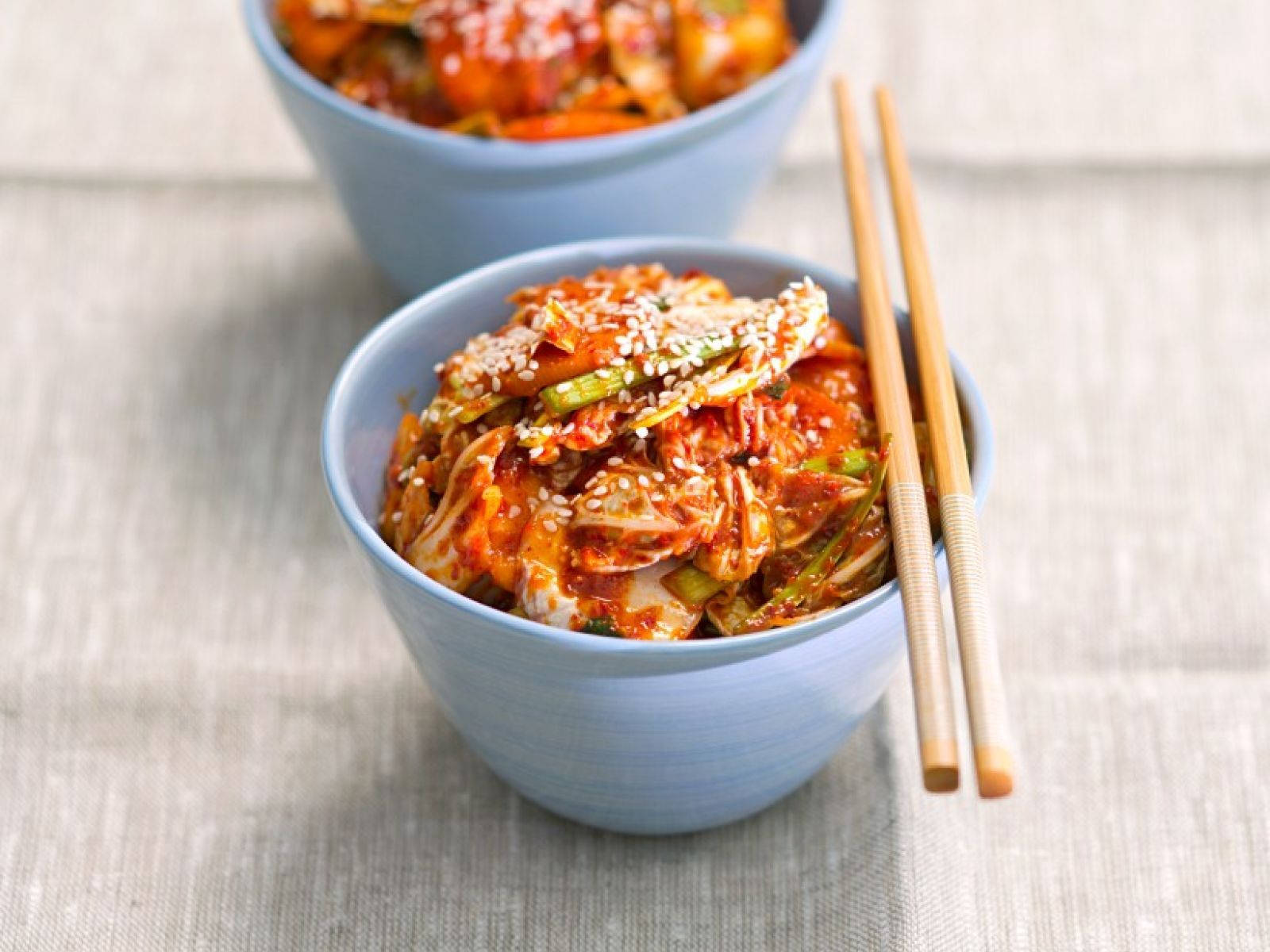 blue dish, vibrant red kimchi, sesame seeds, HD Desktop Wallpaper
