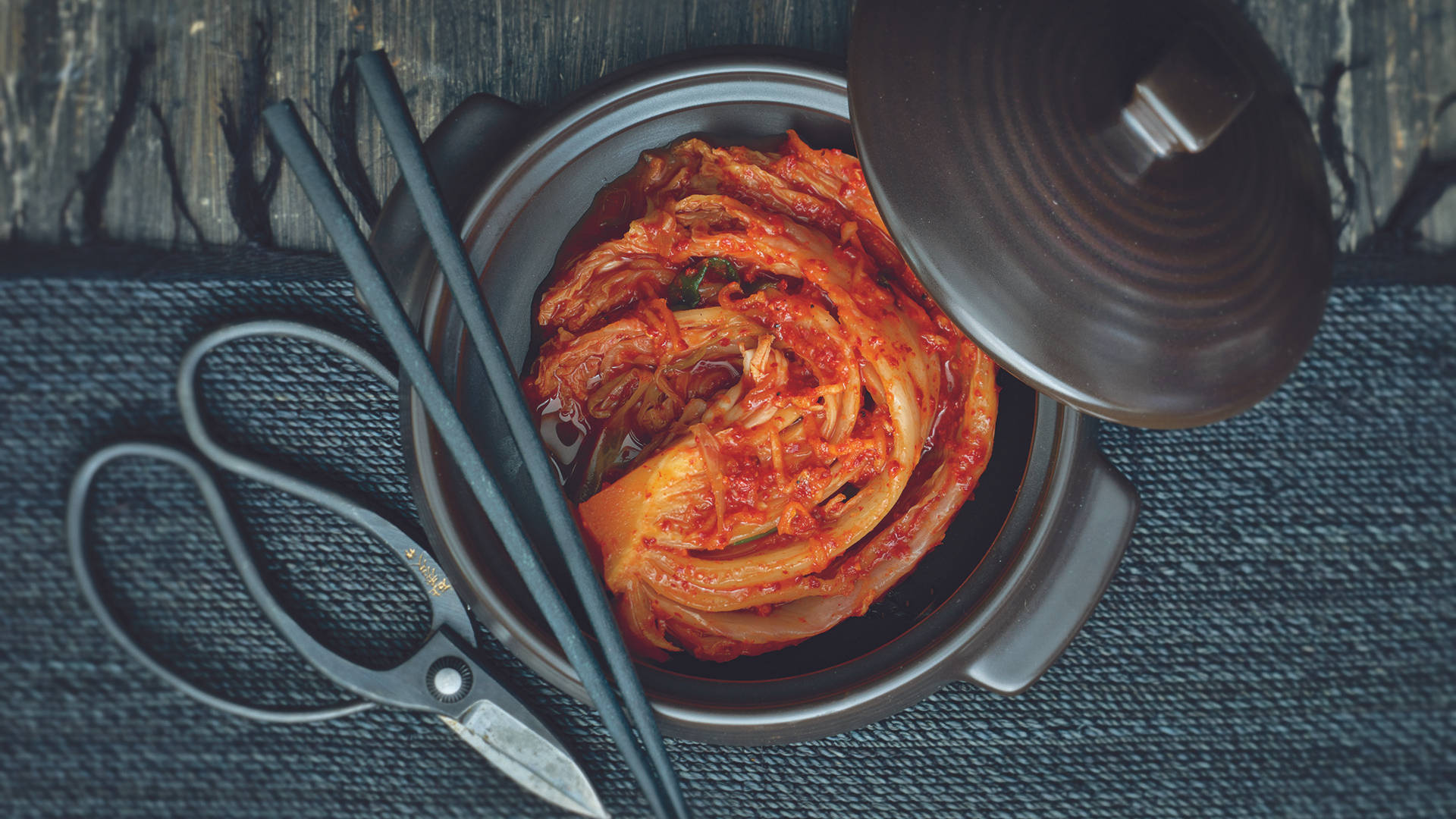 aesthetic black bowl, vibrant red kimchi, ceramic pot, Full HD Desktop Wallpaper
