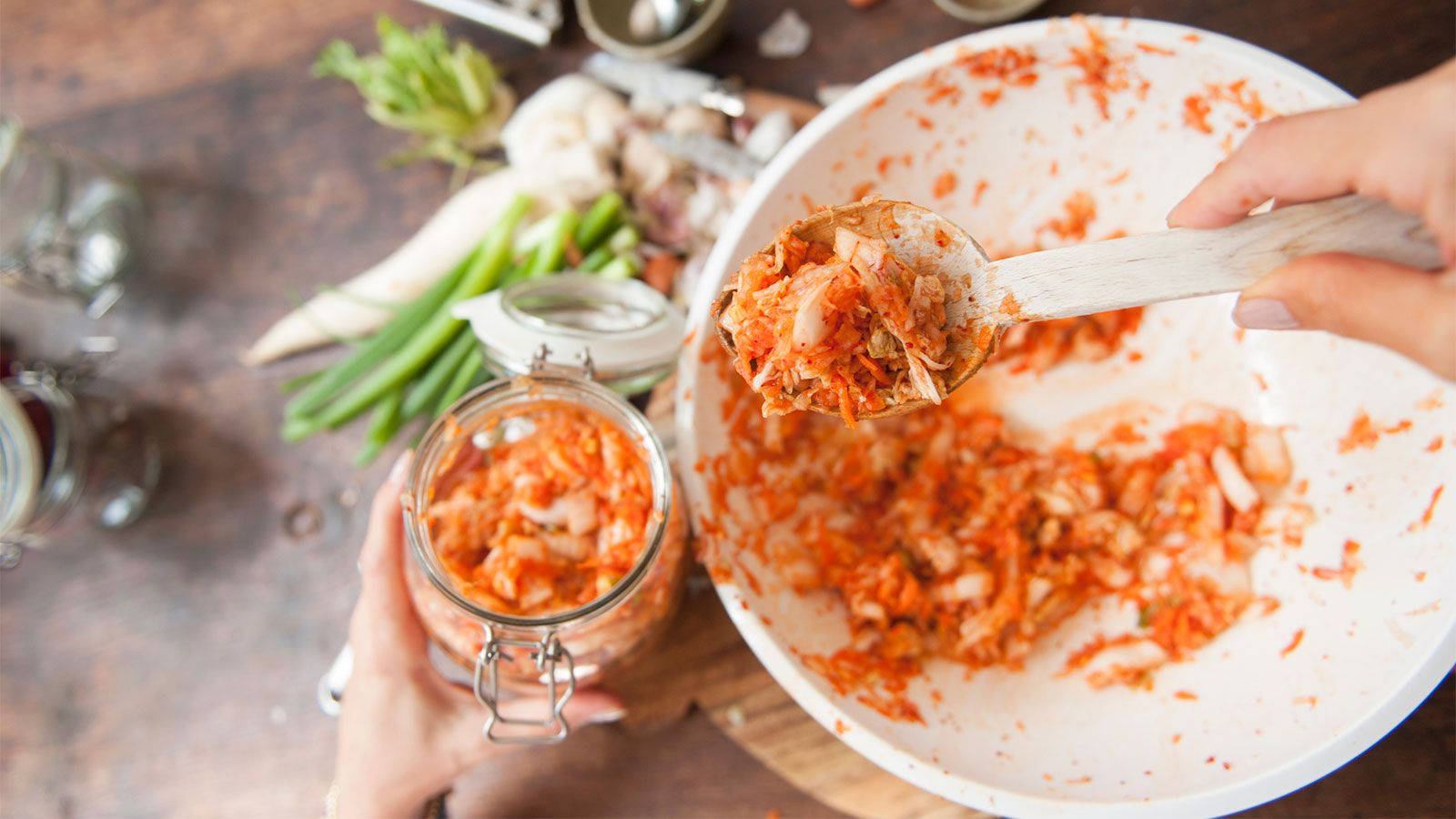 kimchi, white bowl, glass jar, HD Desktop Wallpaper