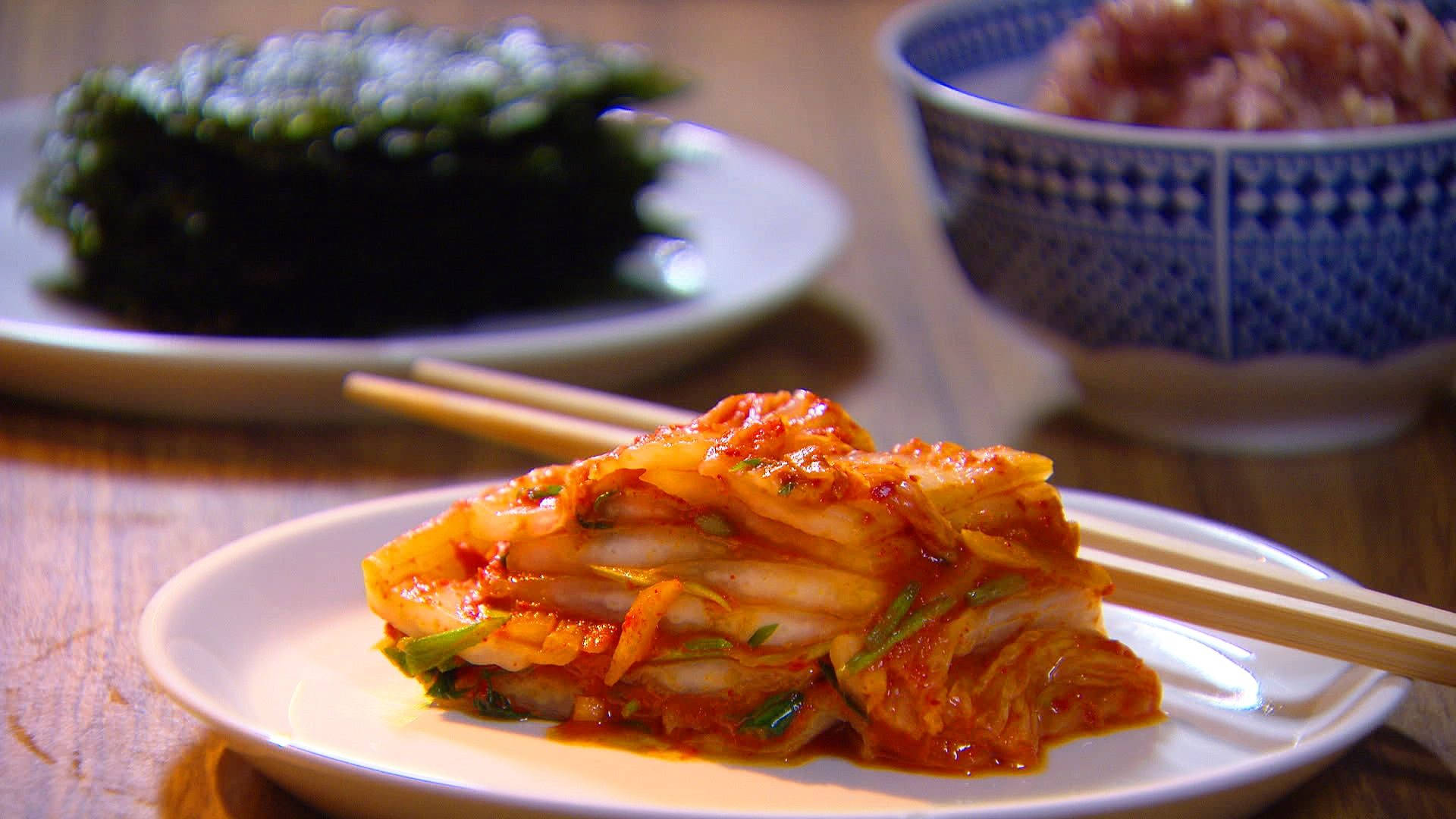 kimchi, spicy kimchi, wooden table, Full HD Desktop Wallpaper