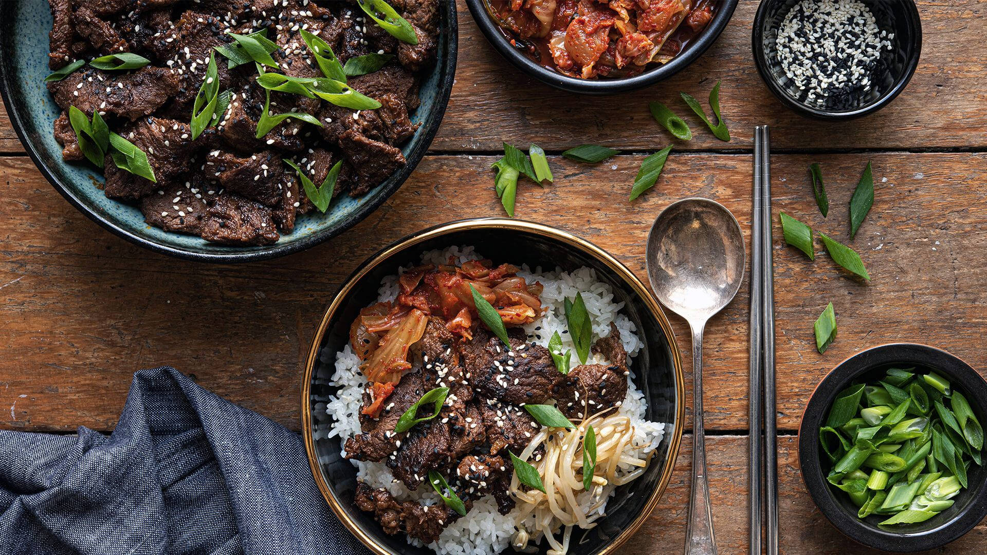 Bulgogi, Kimchi, Korean beef rice, Full HD Desktop Wallpaper