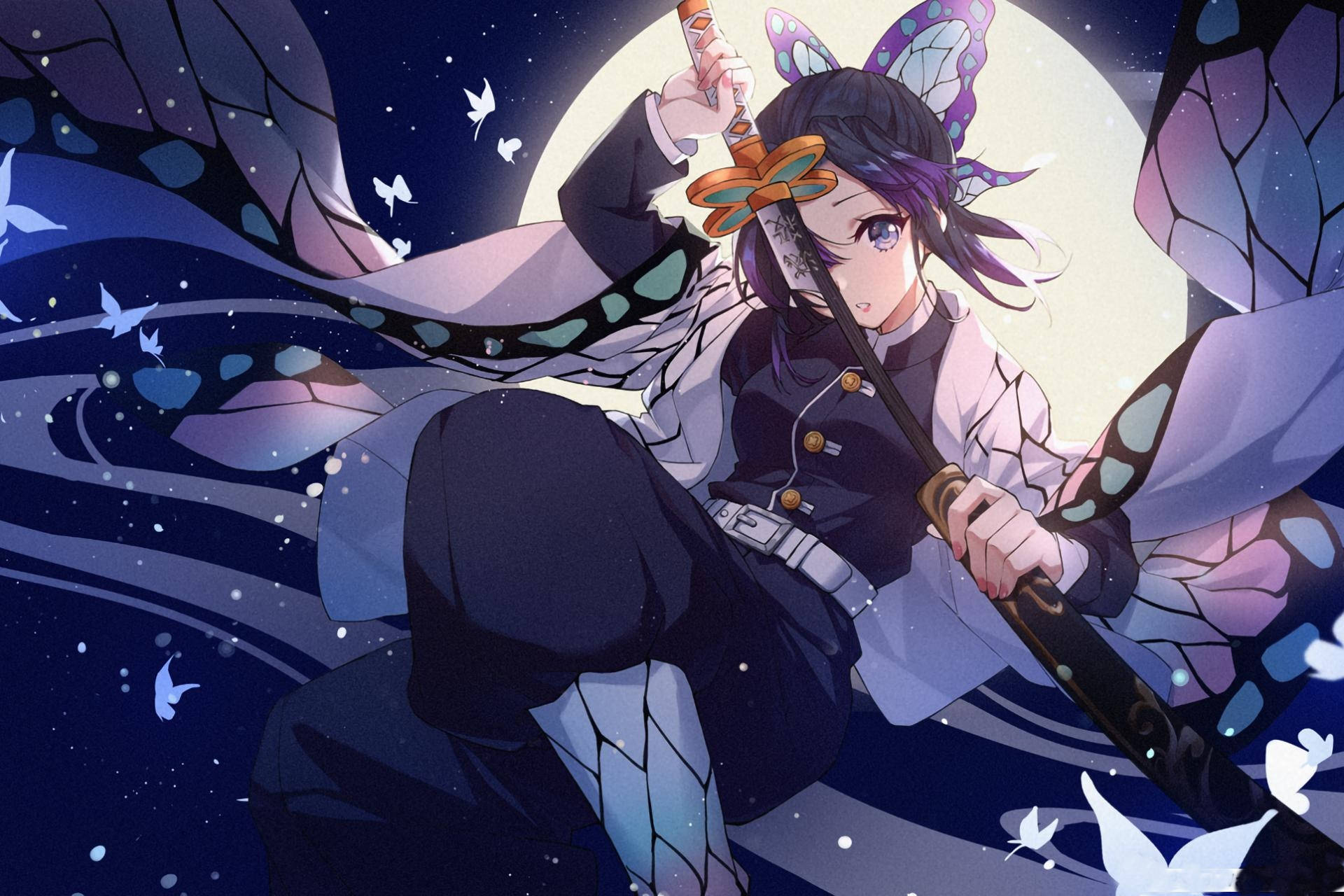 Butterflies, Kimetsu No Yaiba Hashira, young anime girl, Full HD Desktop Wallpaper
