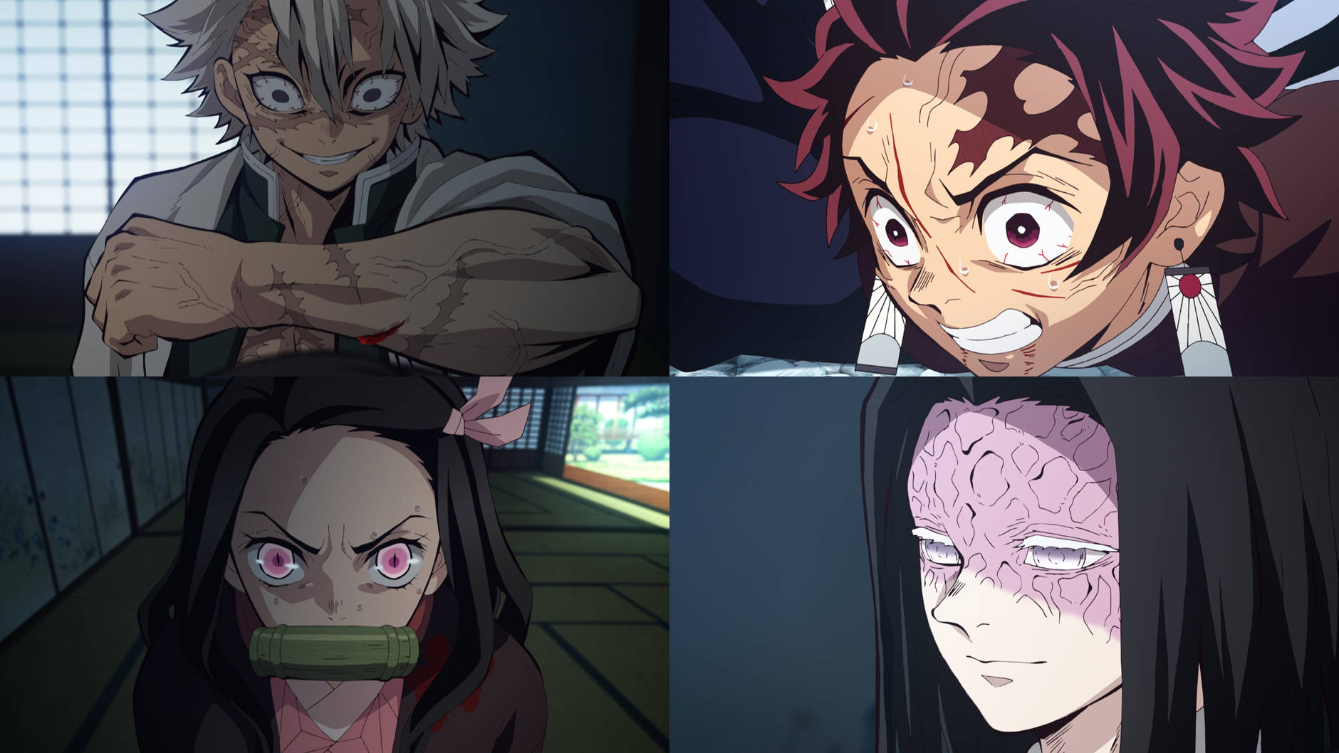 Kimetsu No Yaiba Hashira, bloodied arm, four intense anime characters, HD Desktop Wallpaper