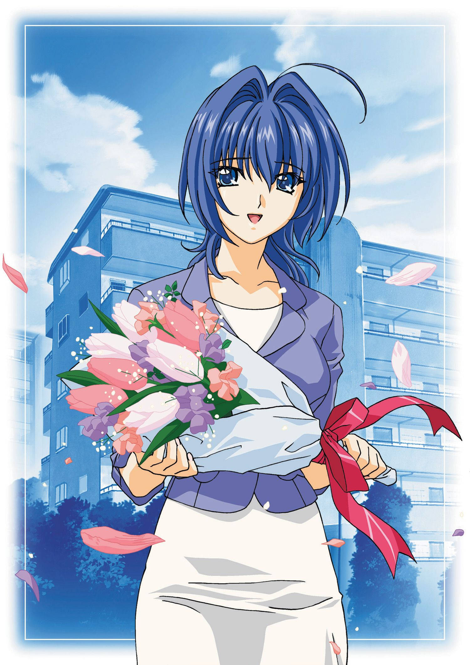 Kimi ga nozomu eien, blue-haired anime girl, pink and purple flower bouquet, Full HD Phone Wallpaper